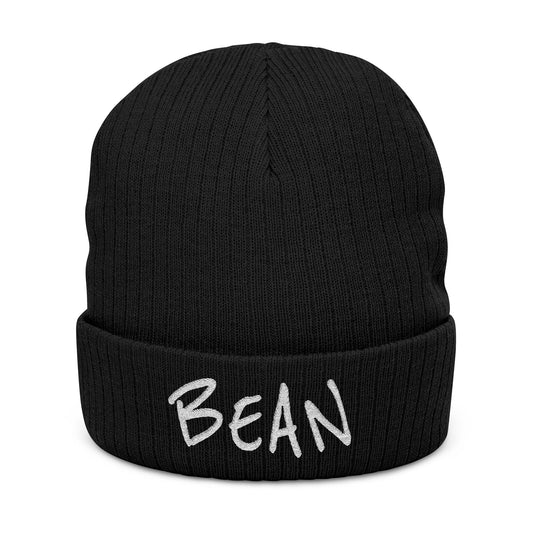 Black beanie with 'BEAN' embroidered on a white background