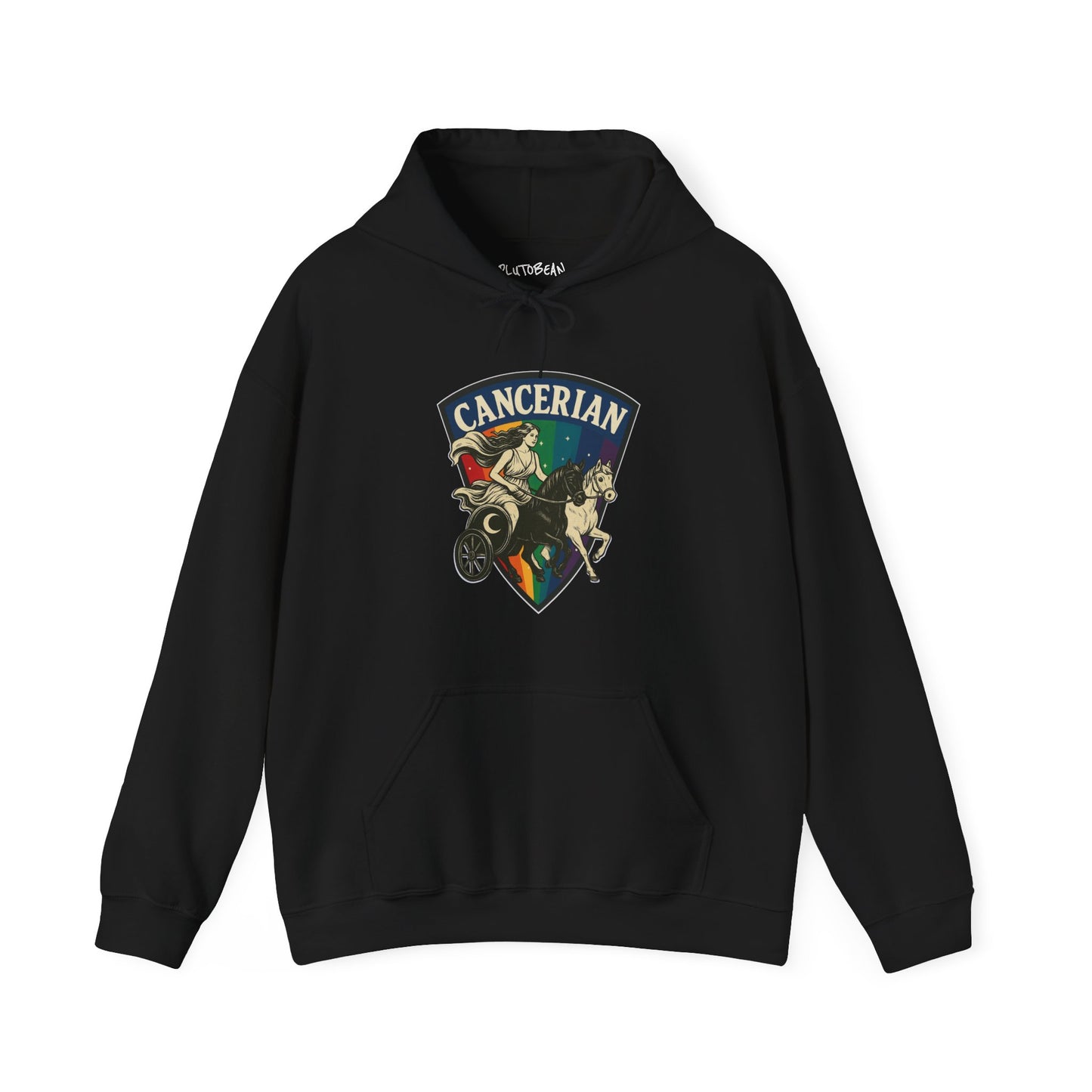 Black hoodie with 'Cancerian' design on a white background