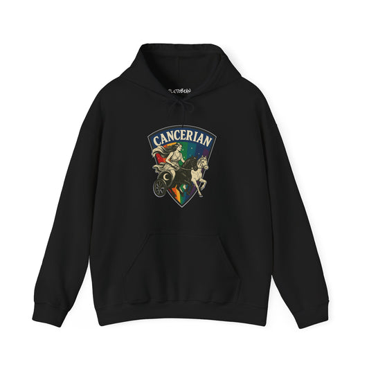 Black hoodie with 'Cancerian' design on a white background