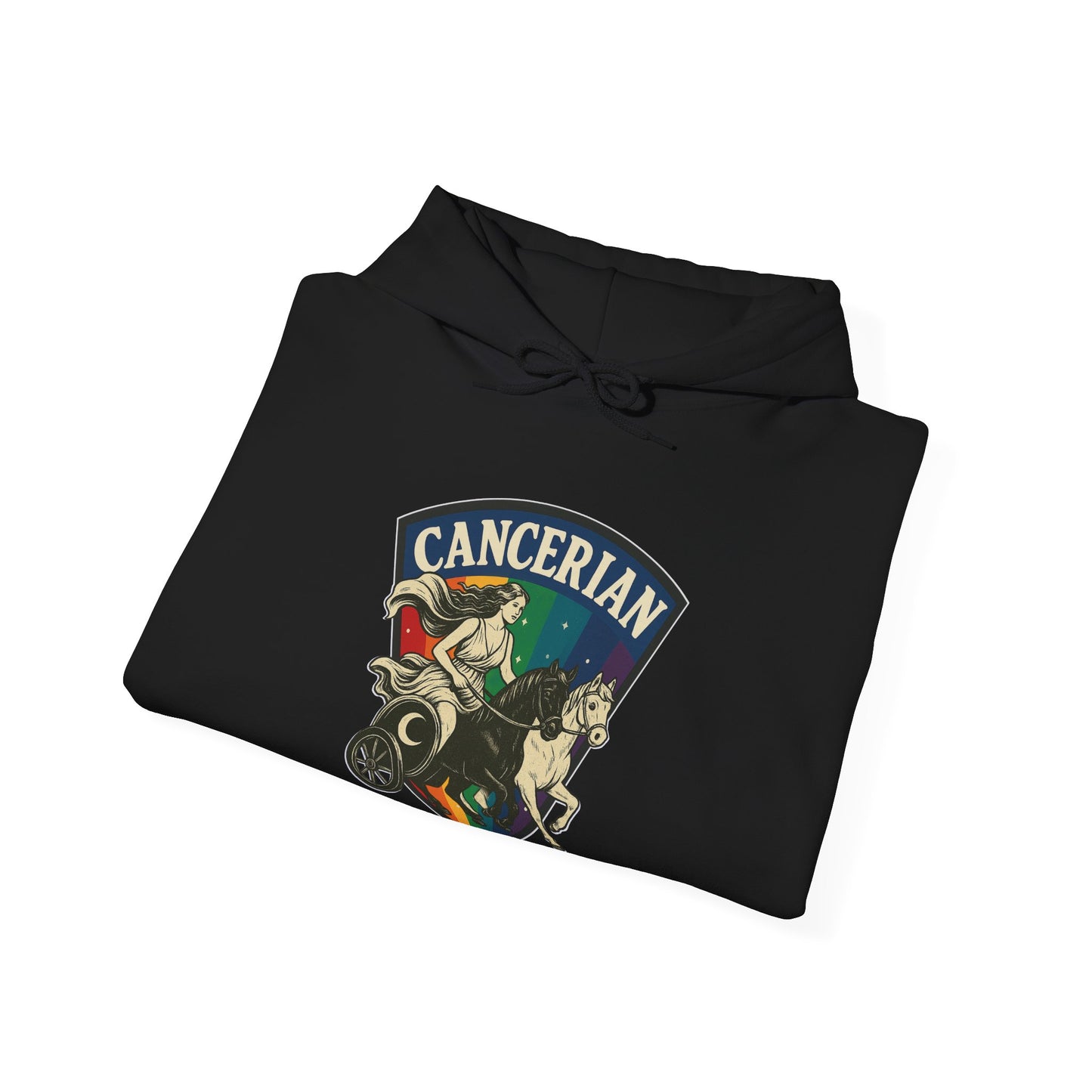 Black hoodie with 'Cancerian' design on a white background
