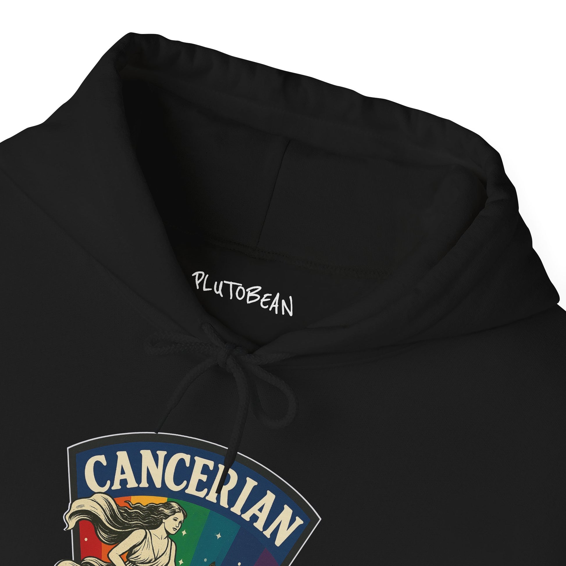 Black hoodie with 'Cancerian' design and 'PLUTOBEAN' branding on a white background