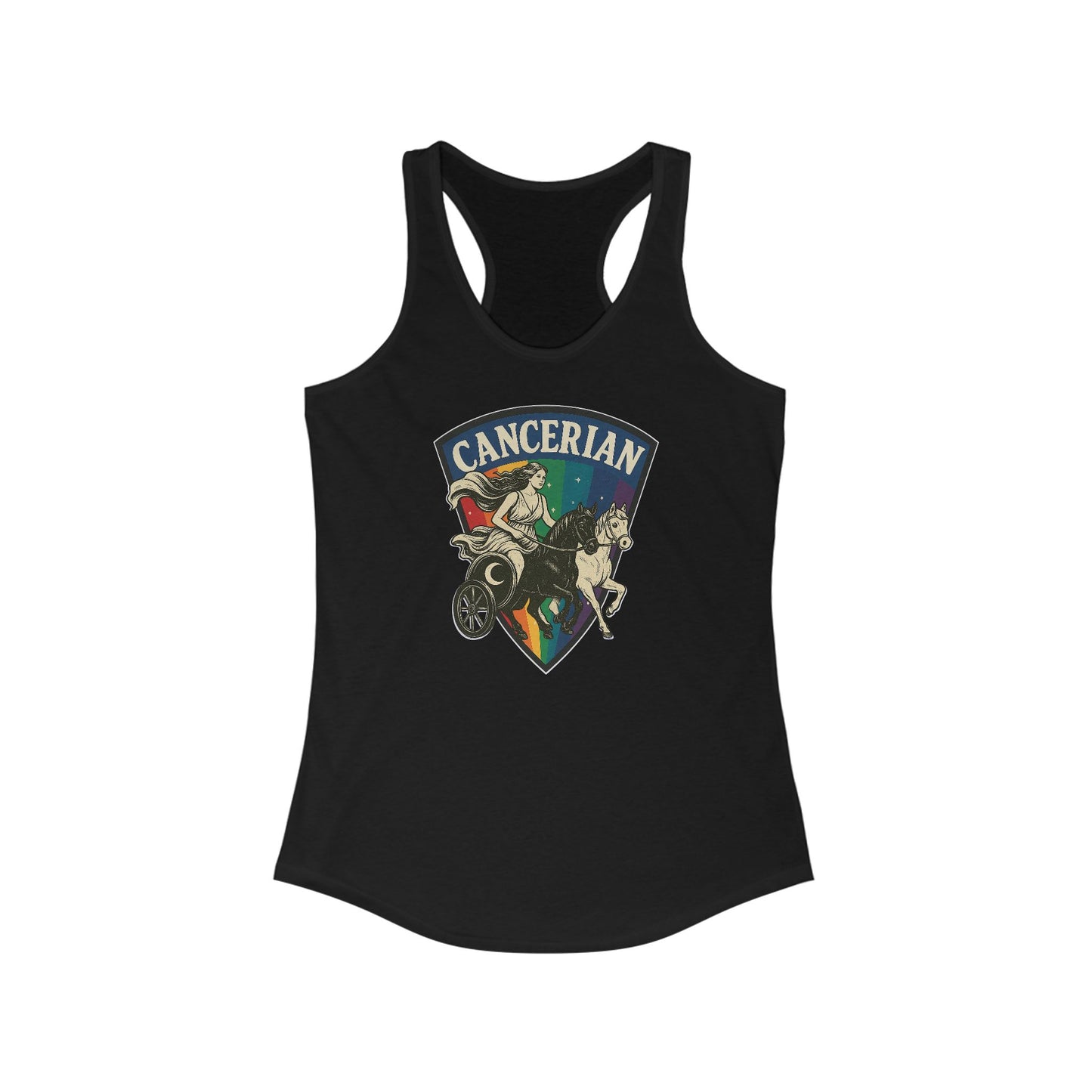 Black tank top with 'Cancerian' design featuring a rainbow and zodiac symbols on a white background.