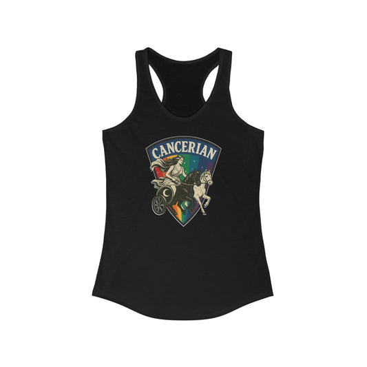 Black tank top with 'Cancerian' design featuring a rainbow and zodiac symbols on a white background.