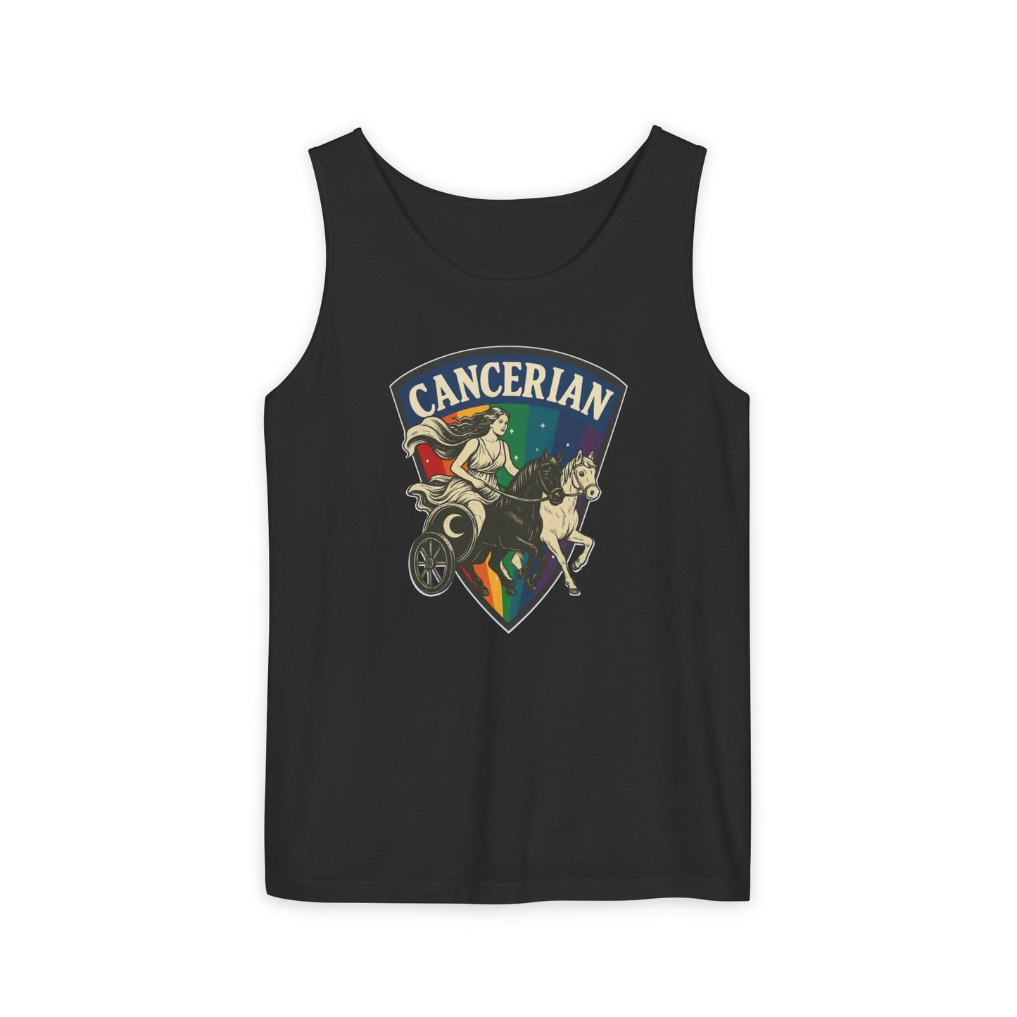 Black tank top with 'Cancerian' design featuring a horse and chariot on a white background