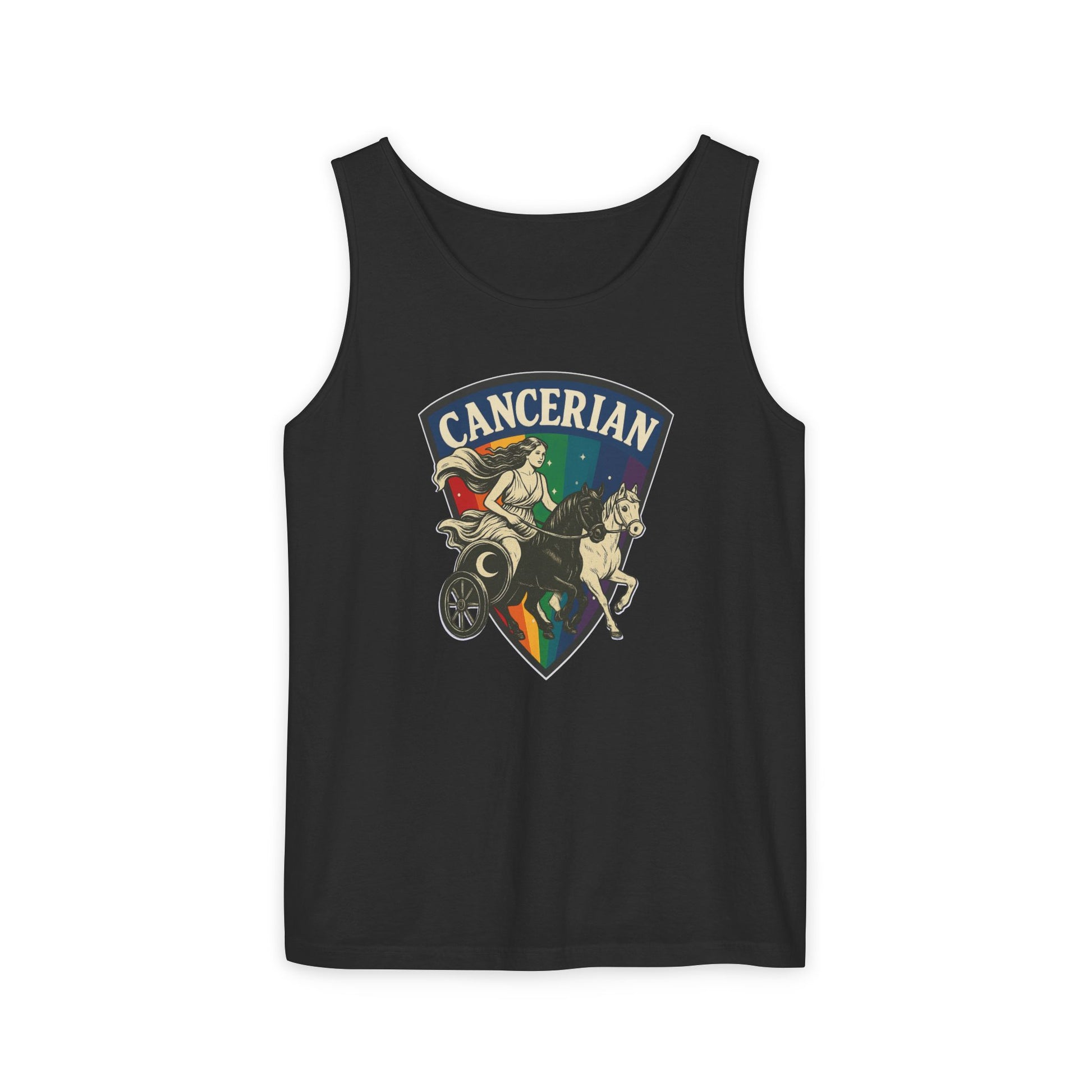 Black tank top with 'Cancerian' design featuring a horse and chariot on a white background