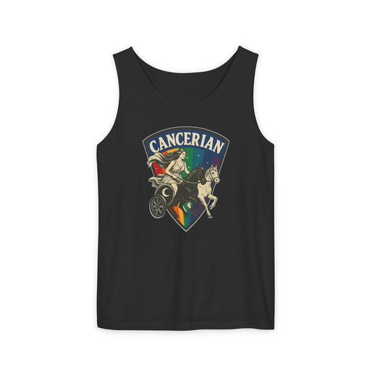 Black tank top with 'Cancerian' design featuring a horse and chariot on a white background