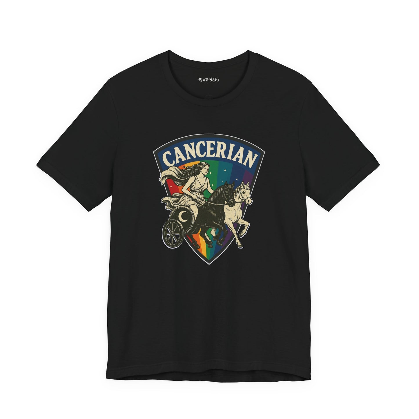 Black t-shirt with 'Cancerian' design featuring a person on a horse and rainbow colors on a white background.