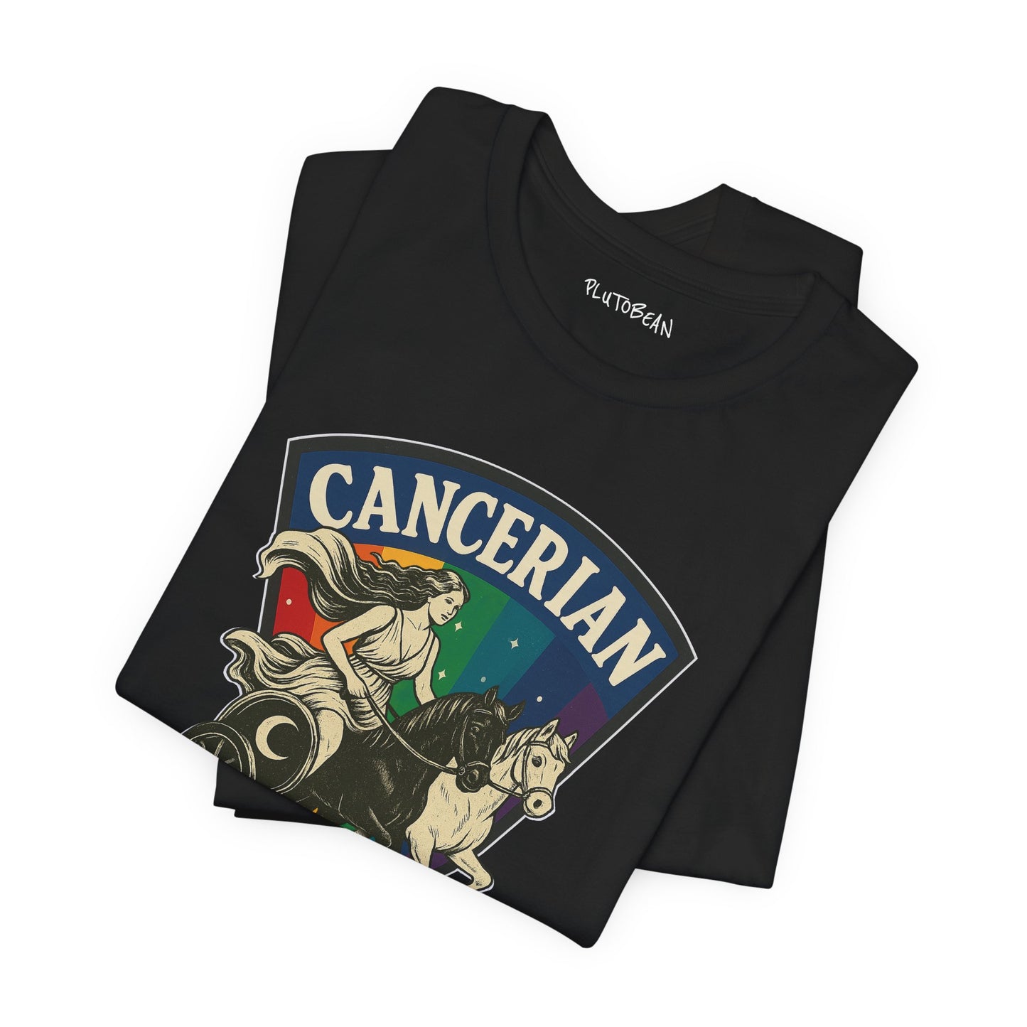 Black t-shirt with 'Cancerian' design featuring a woman and horse, folded on a white background.