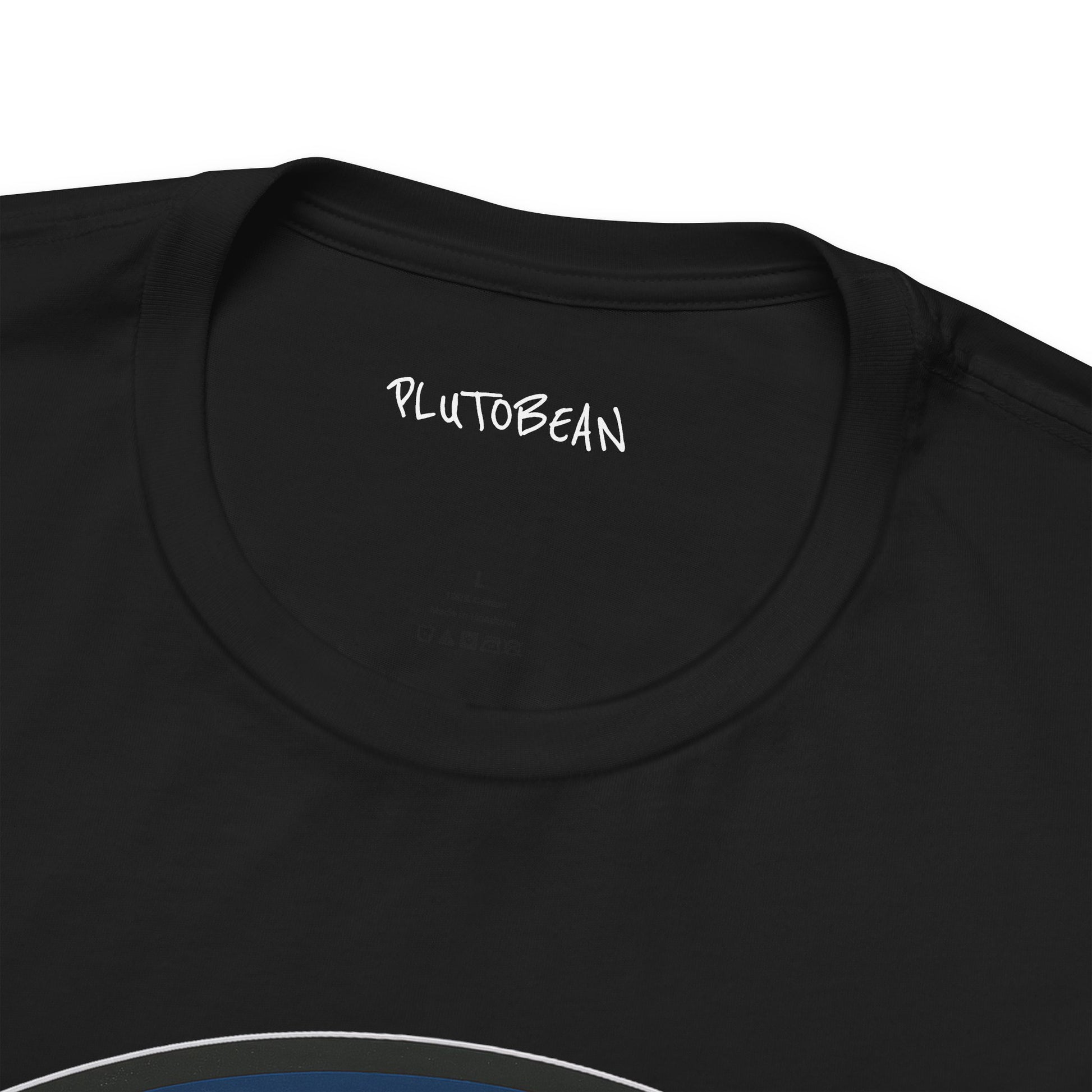 Black t-shirt with 'PLUTOBEAN' logo on a white background