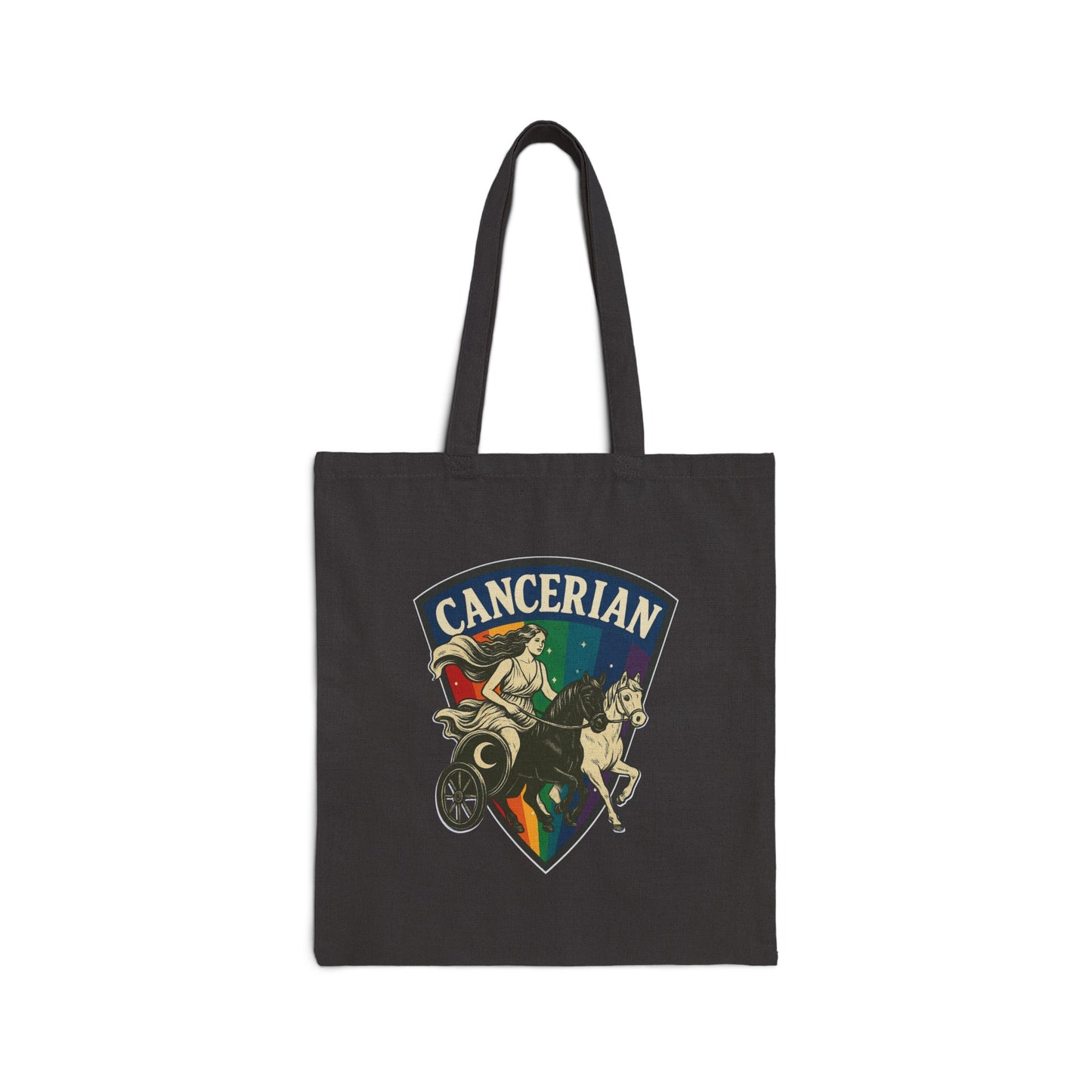 Black tote bag with 'Cancerian' design featuring a woman and horse on a white background