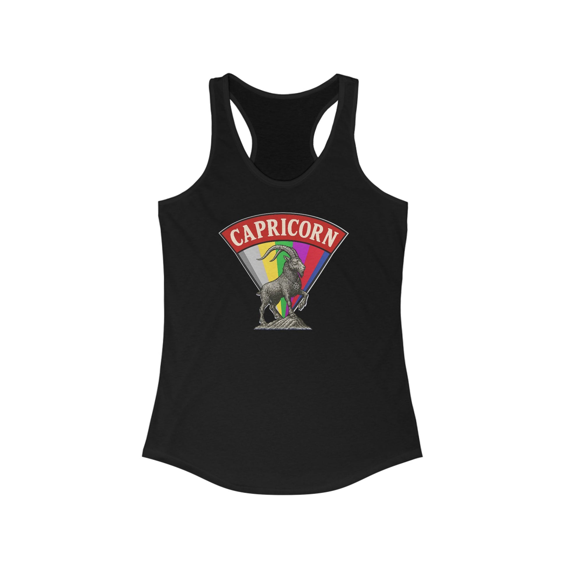 Black tank top with Capricorn zodiac sign design on a white background