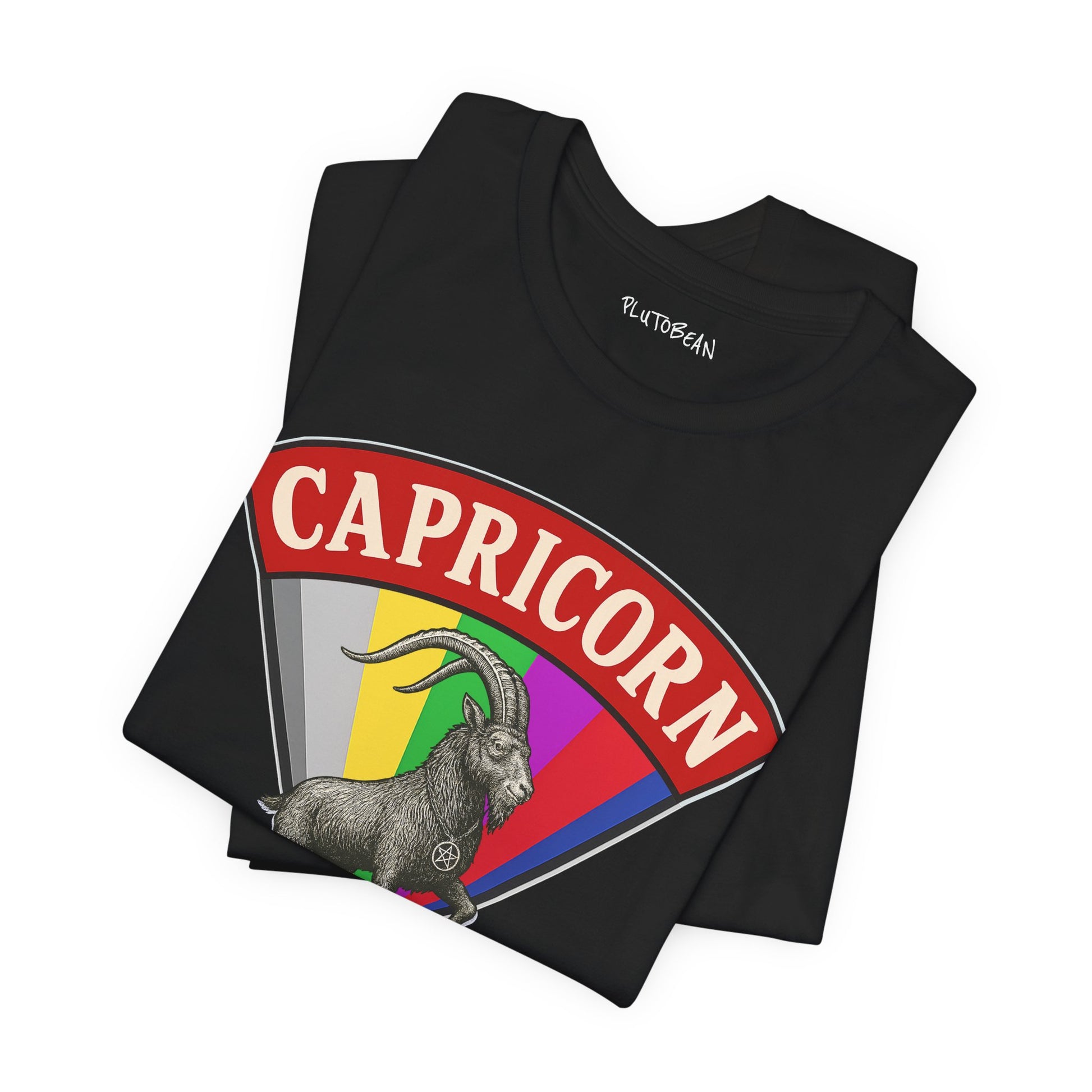 Black t-shirt with Capricorn design on a white background