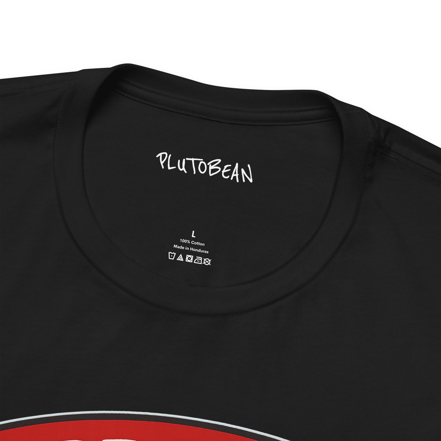 Black t-shirt with 'PLUTOBEAN' branding on a white background