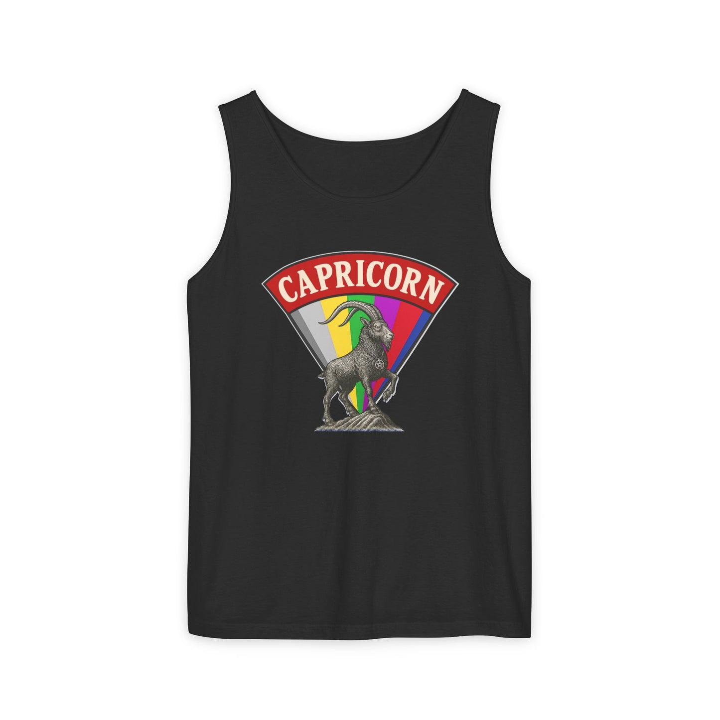 Black tank top with Capricorn zodiac sign design on a white background