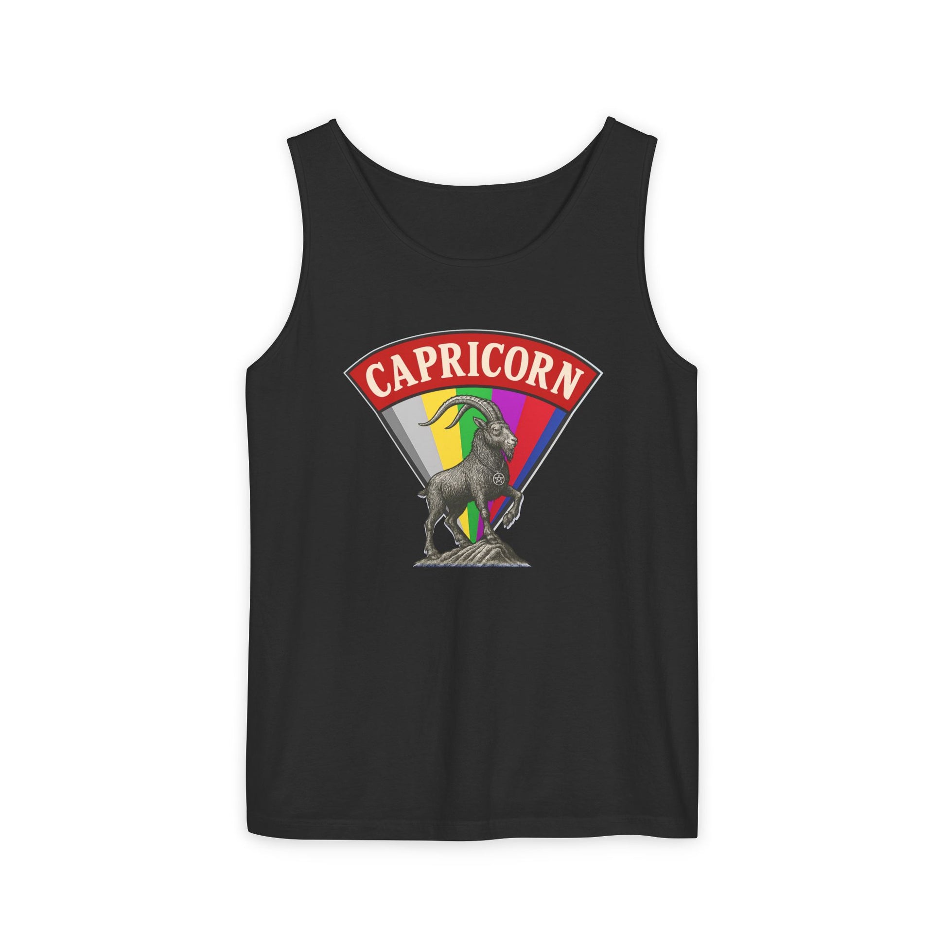 Black tank top with Capricorn zodiac sign design on a white background