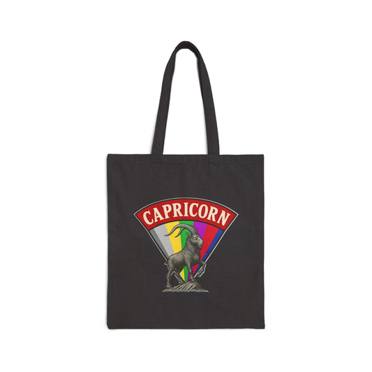 Black tote bag with Capricorn design featuring a goat and colorful arc on a white background