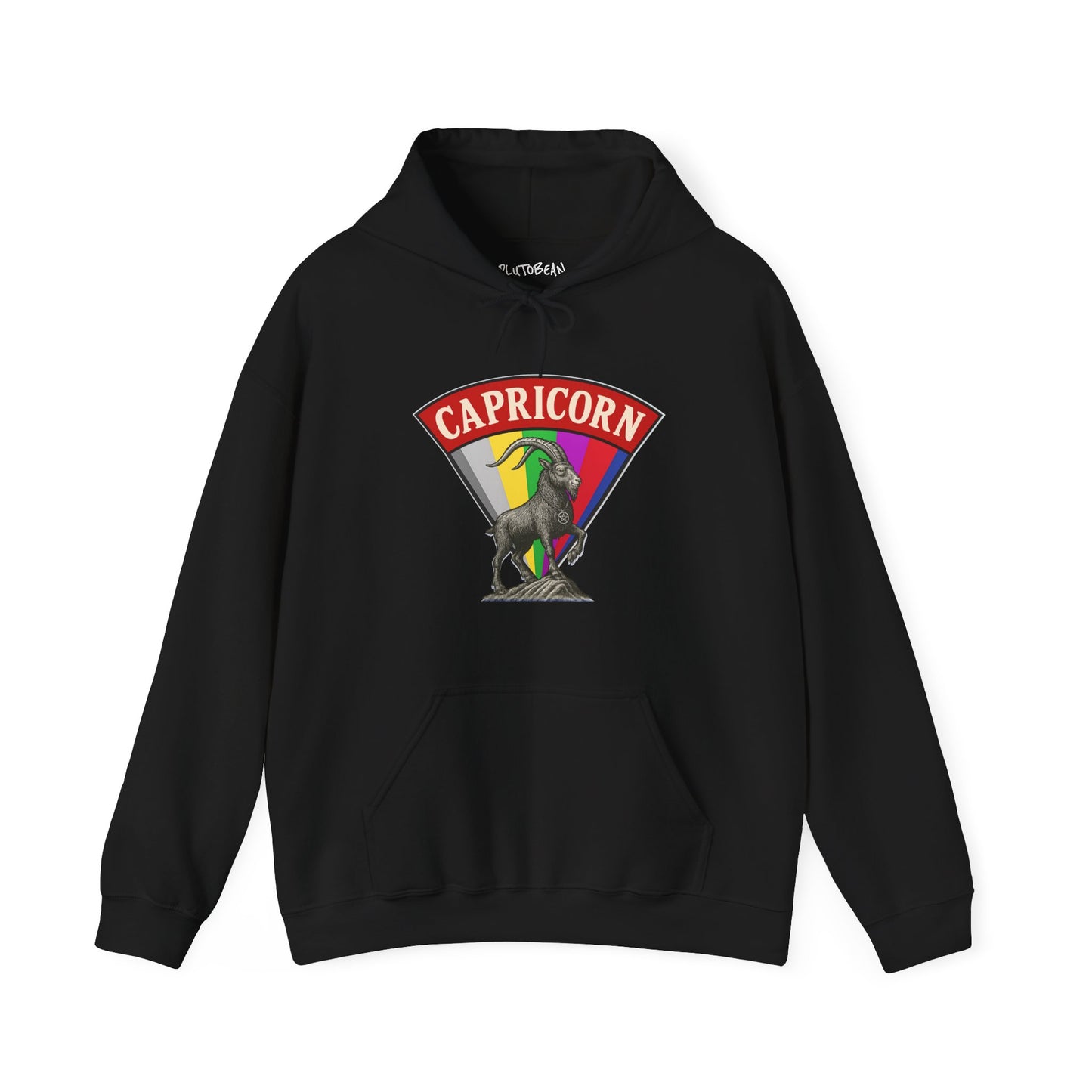 Black hoodie with Capricorn zodiac sign design on a white background