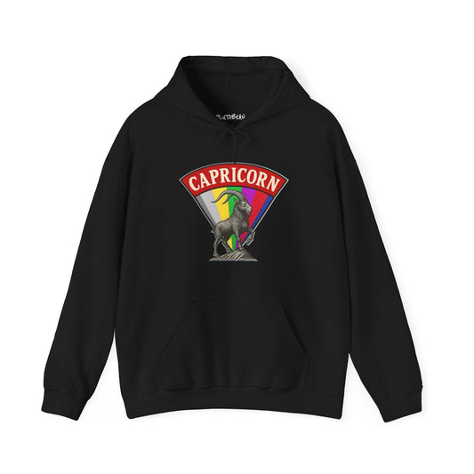 Black hoodie with Capricorn zodiac sign design on a white background