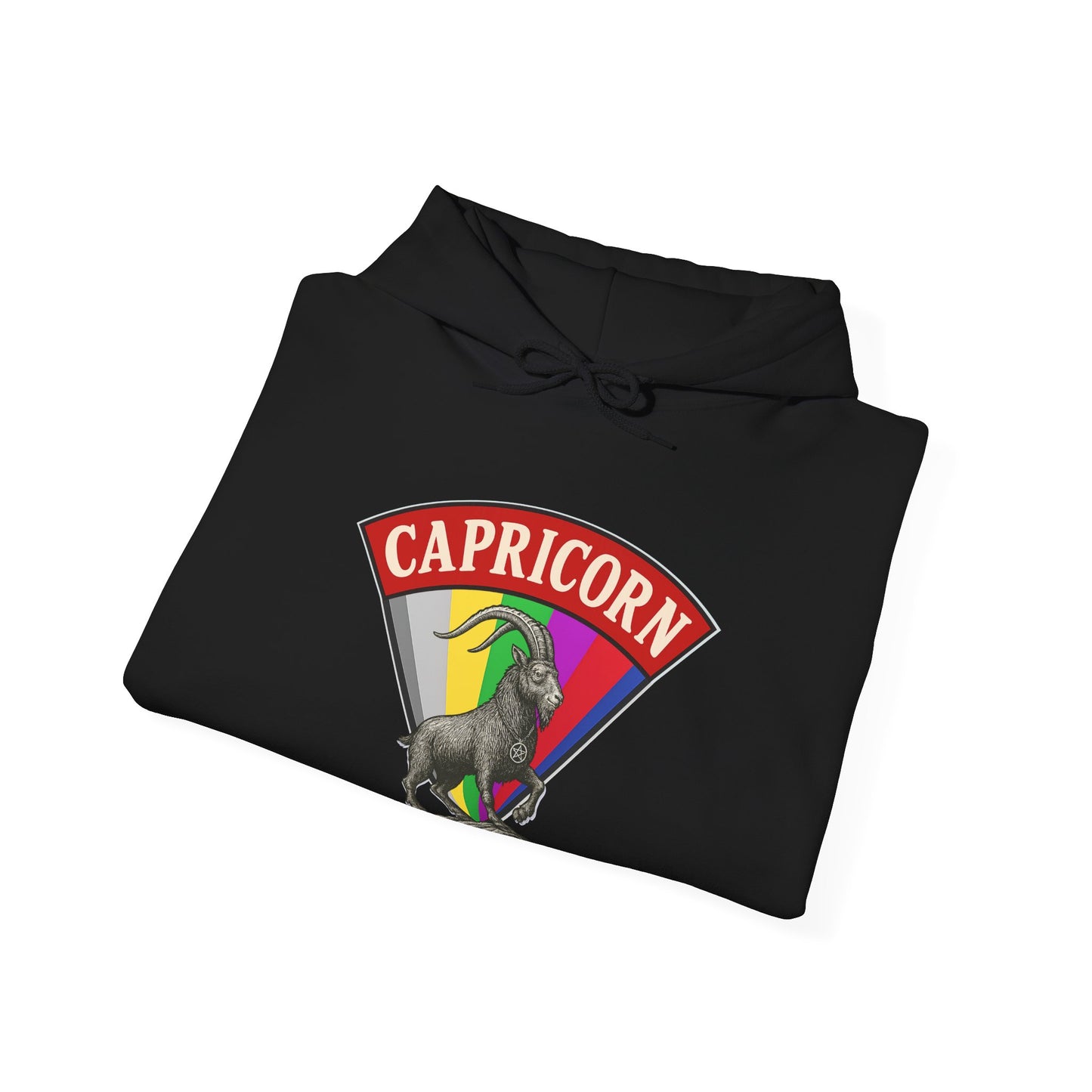 Black hoodie with Capricorn zodiac sign design on a white background