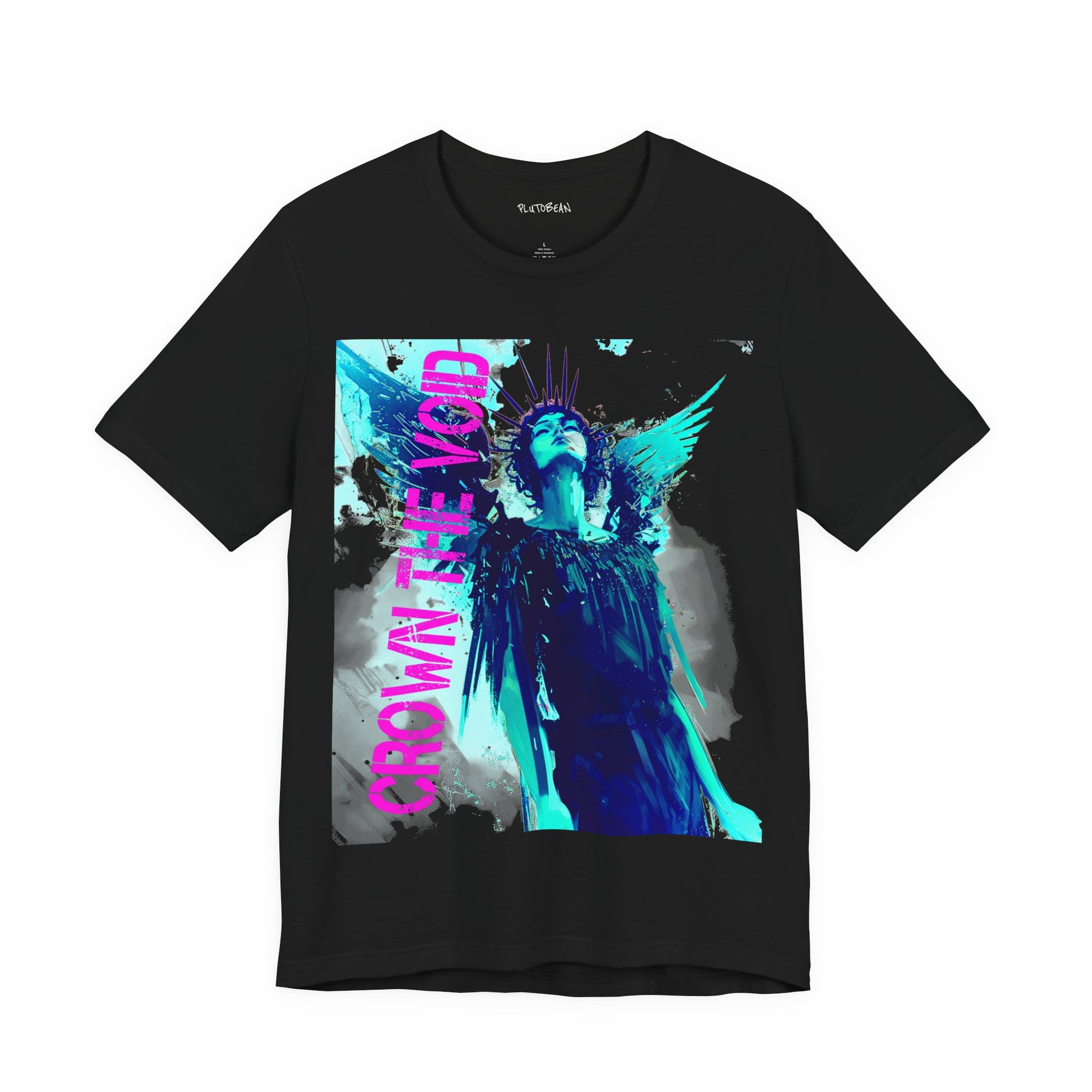 Black t-shirt with a graphic design featuring an angel and text on a white background