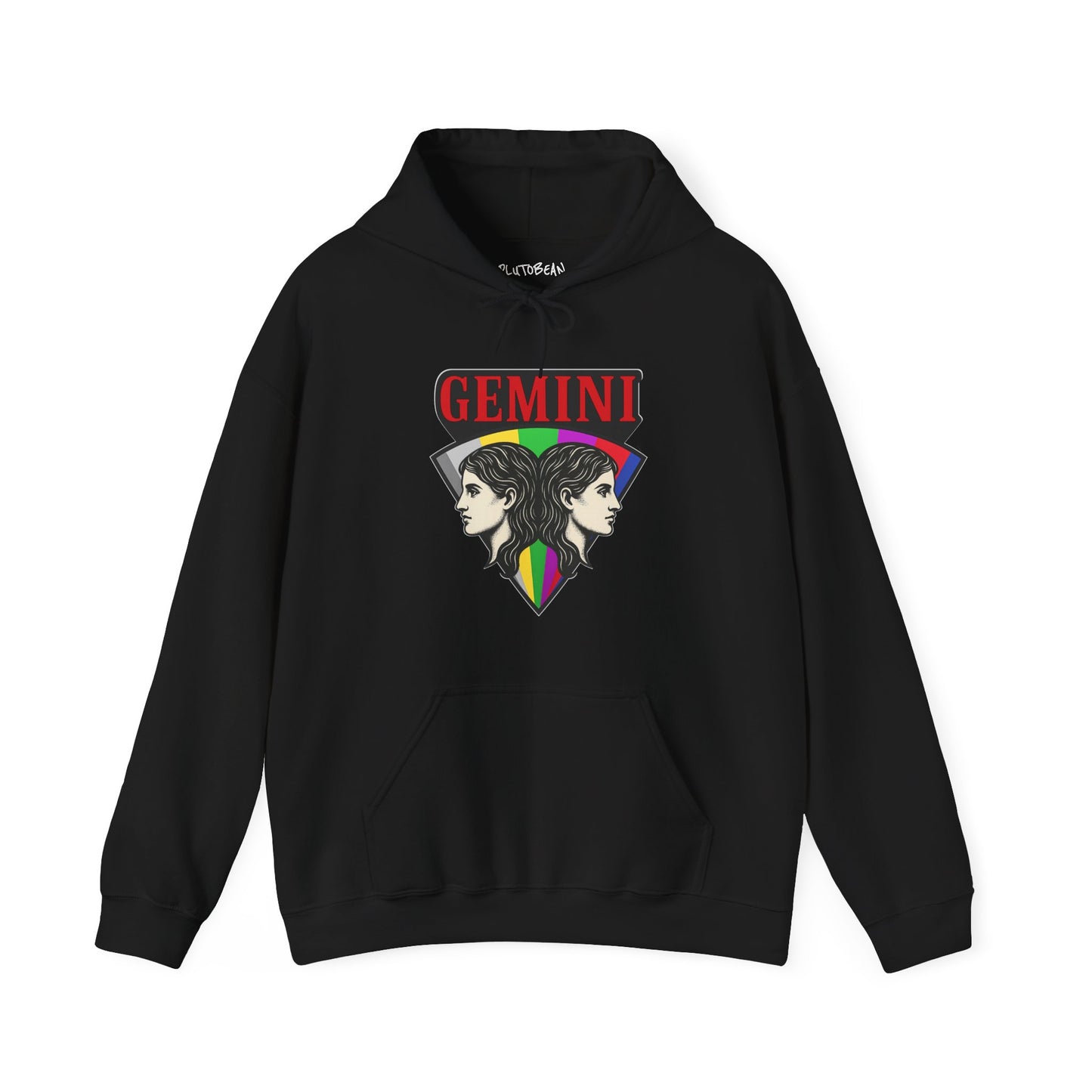 Black hoodie with Gemini zodiac design on a white background