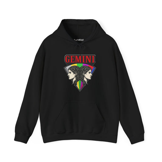 Black hoodie with Gemini zodiac design on a white background