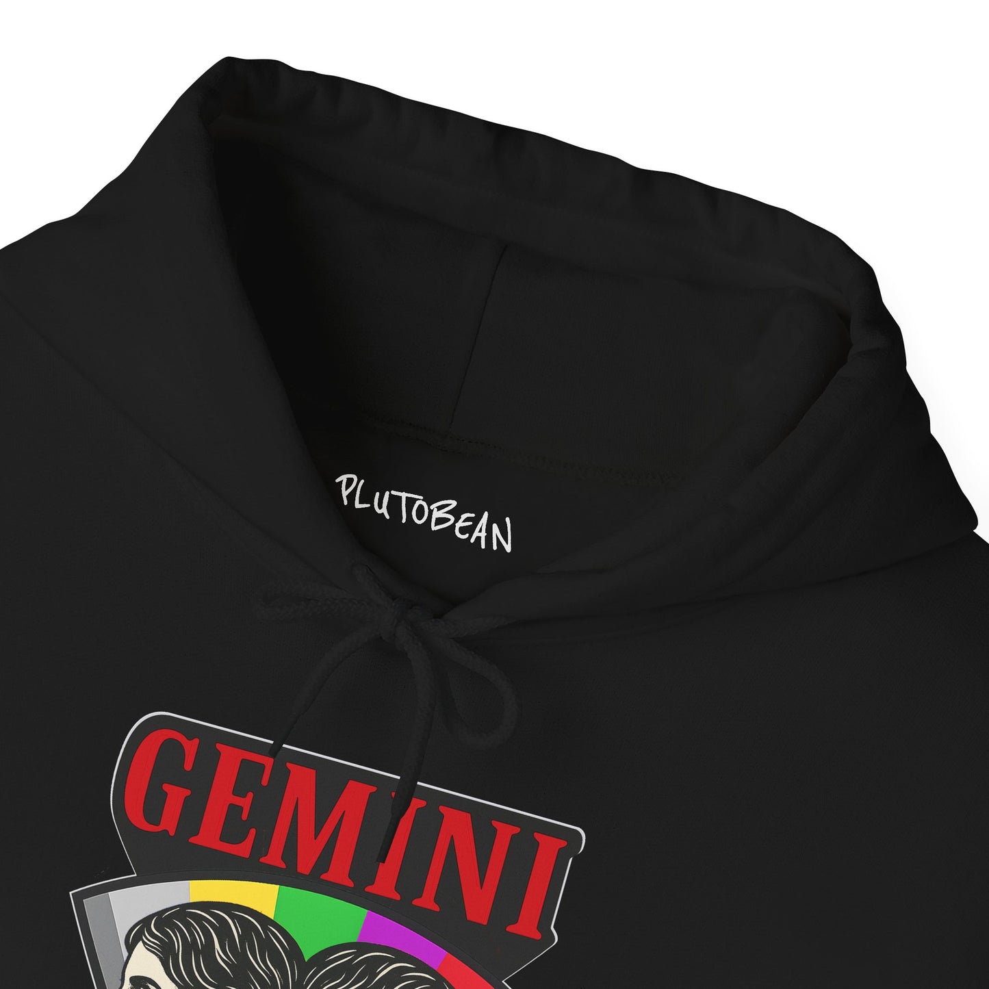 Black hoodie with 'Gemini' design and 'PlutoBean' branding on a white background