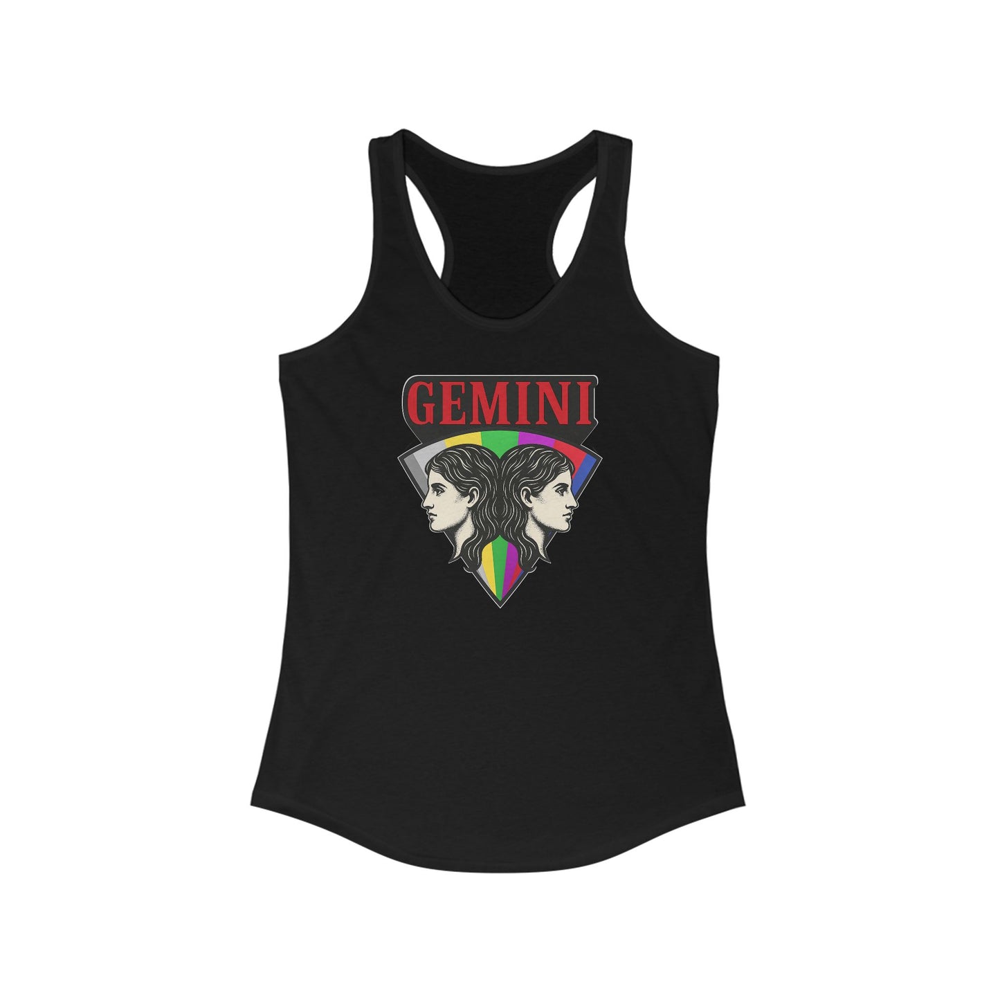 Black tank top with Gemini zodiac design on a white background