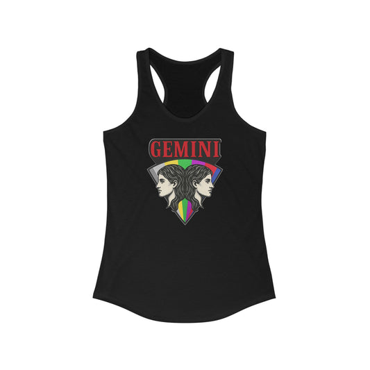 Black tank top with Gemini zodiac design on a white background