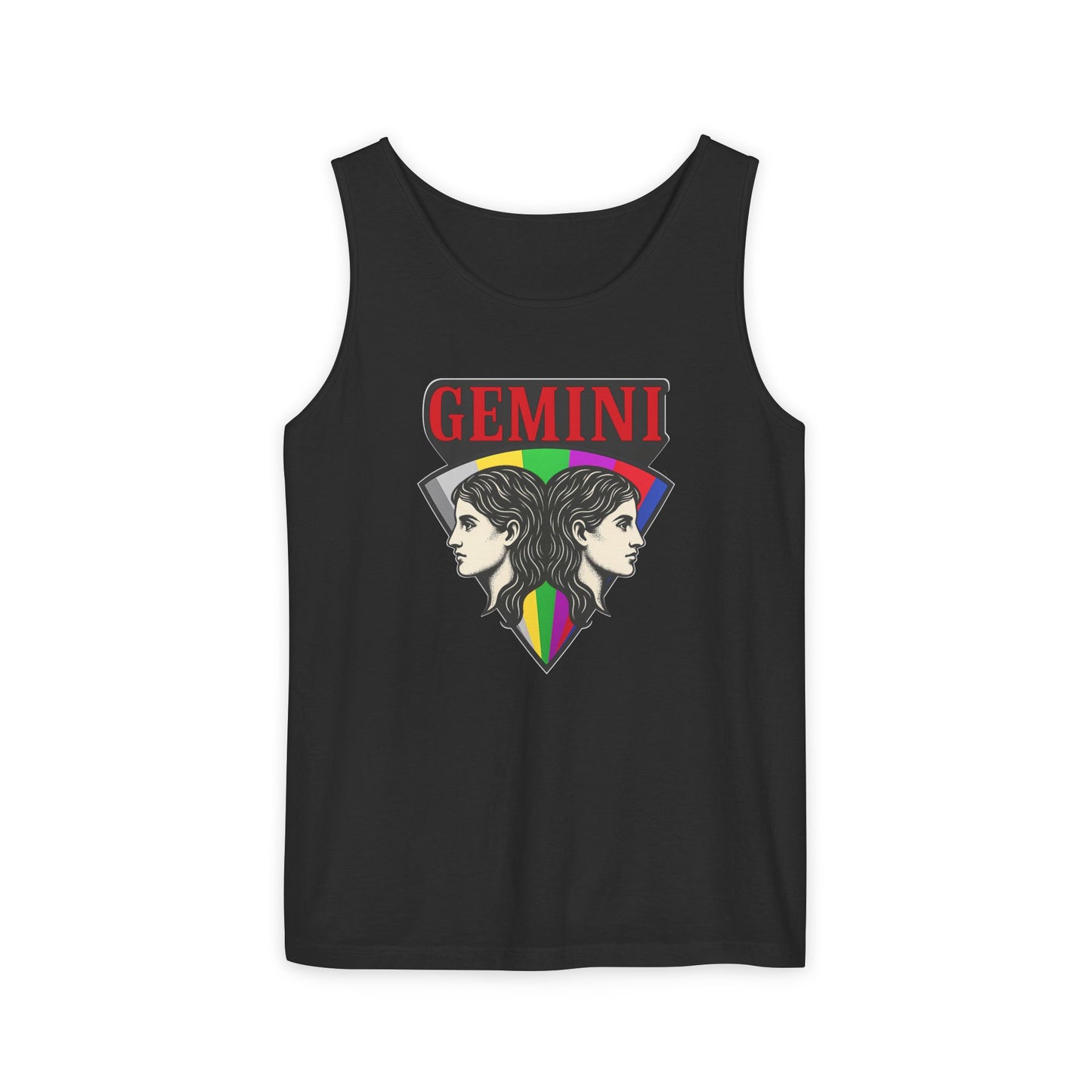 Black tank top with Gemini zodiac design on a white background