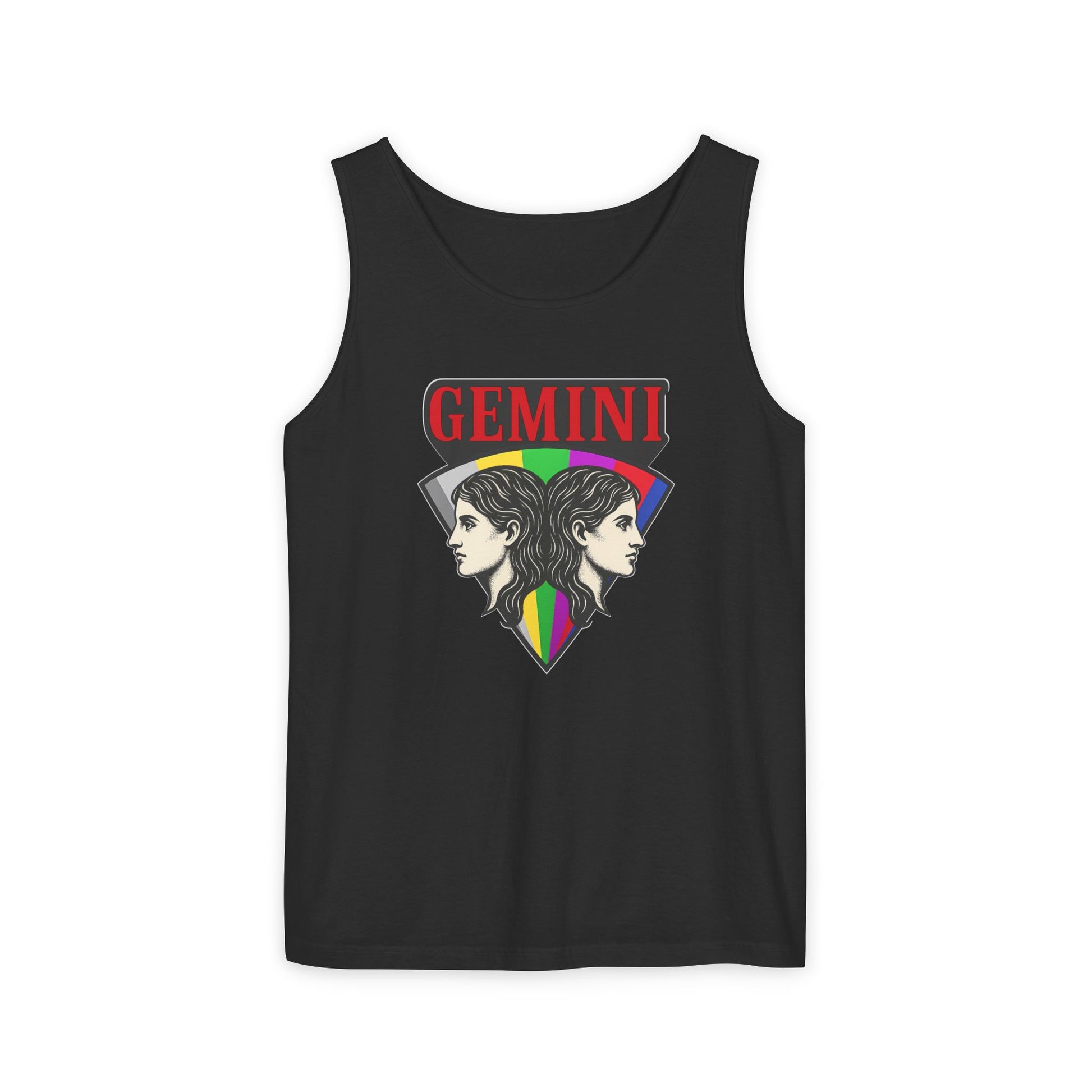 Black tank top with Gemini zodiac design on a white background