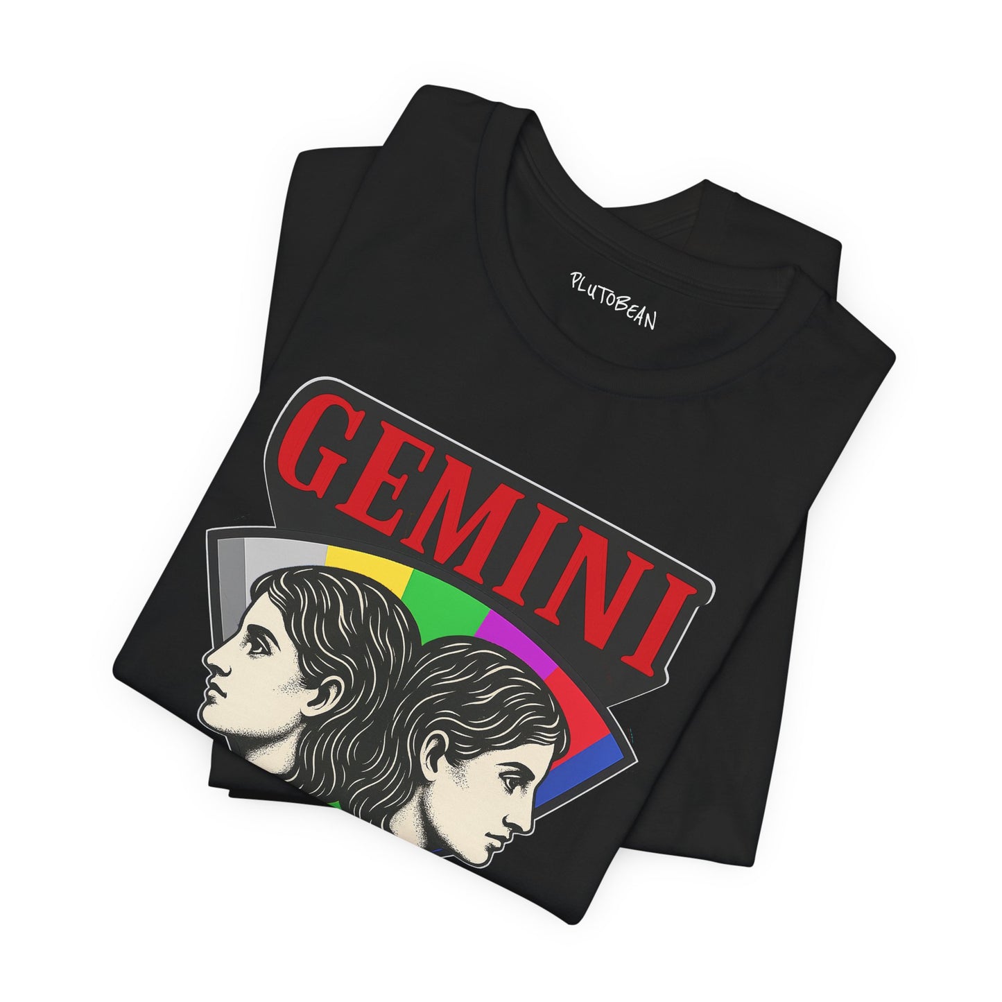 Black t-shirt with 'Gemini' design featuring classical faces and colorful bars on a white background.