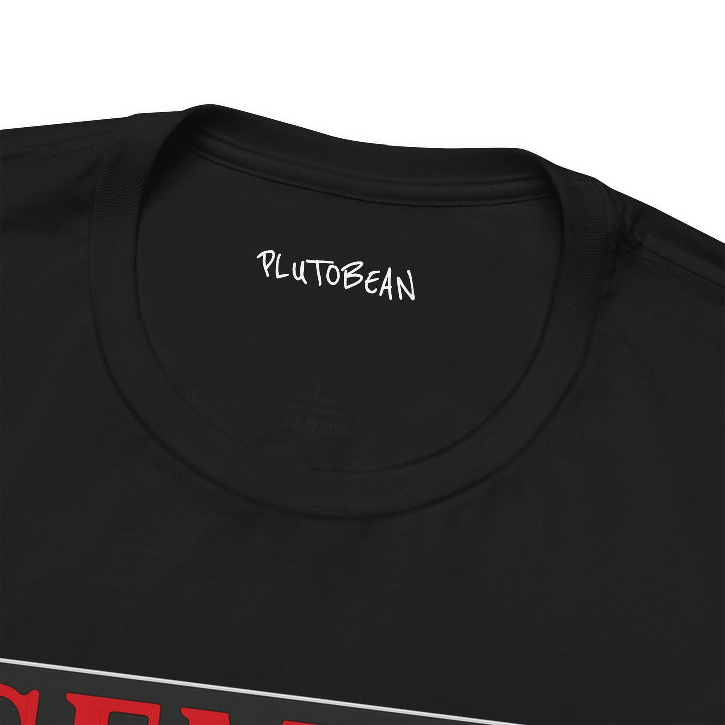 Black t-shirt with 'PLUTOBEAN' logo on a white background
