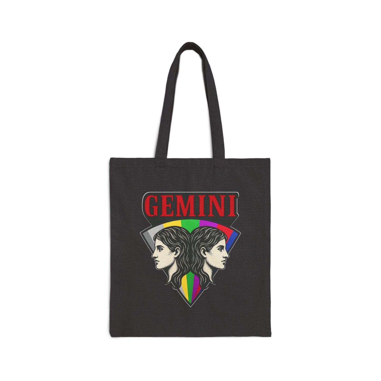 Black tote bag with Gemini design featuring two women's faces and a rainbow triangle on a white background