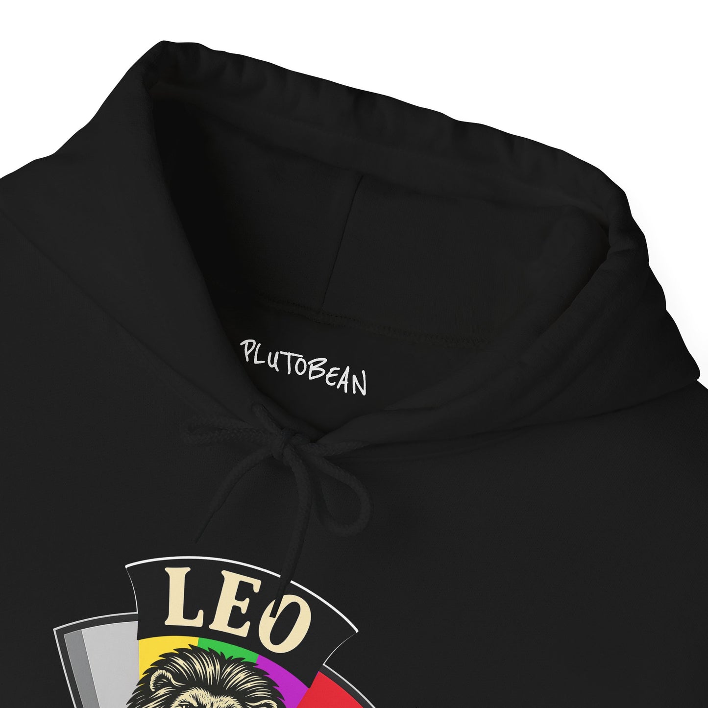 Black hoodie with 'PlutoBean' branding and 'Leo' design on a white background