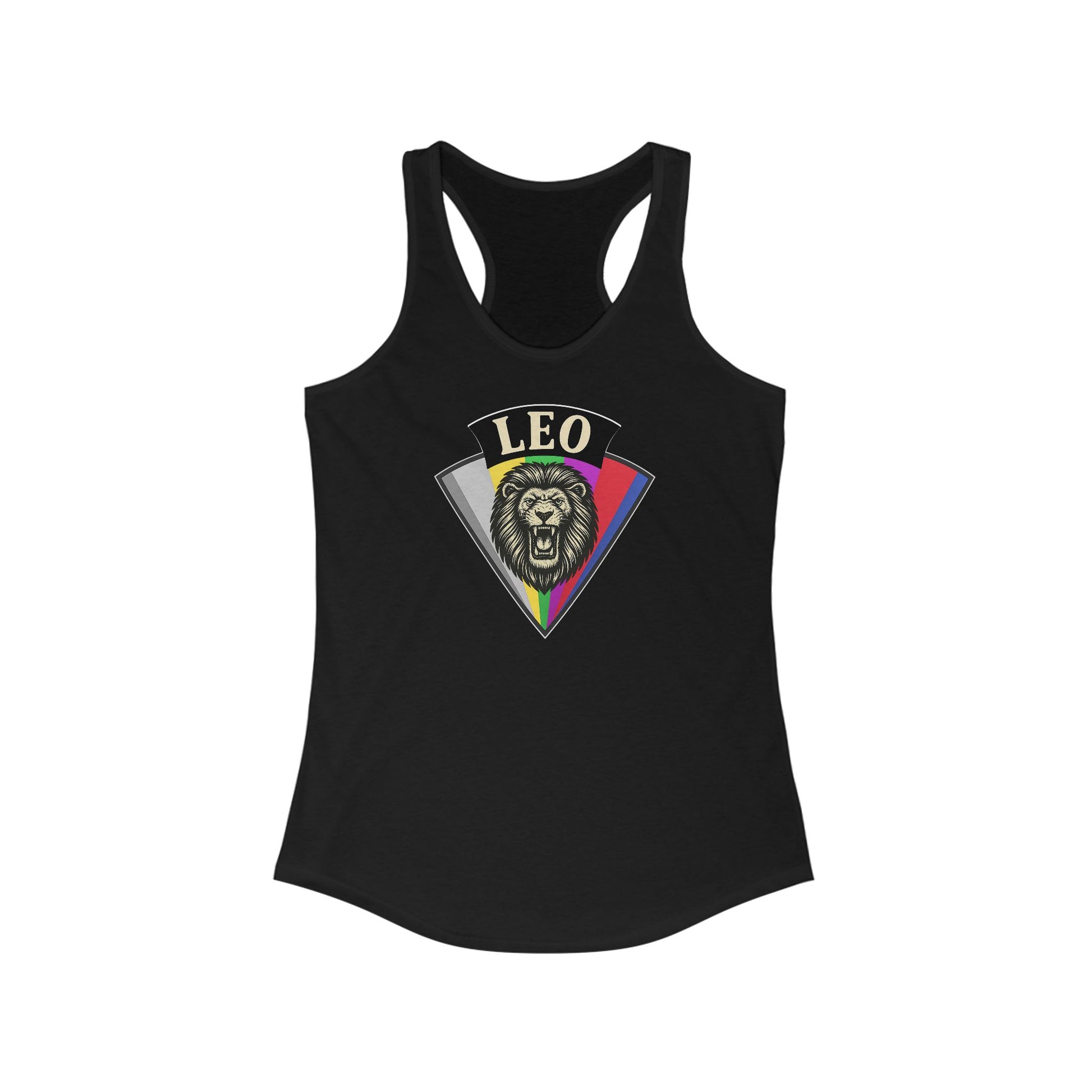 Black tank top with 'LEO' design featuring a lion on a white background