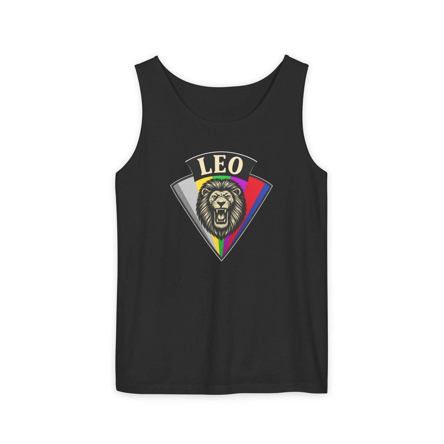 Black tank top with a colorful 'Leo' design on a white background