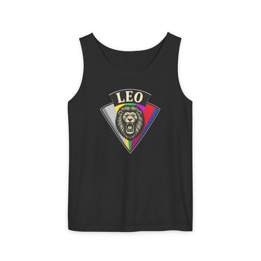 Black tank top with a colorful 'Leo' design on a white background