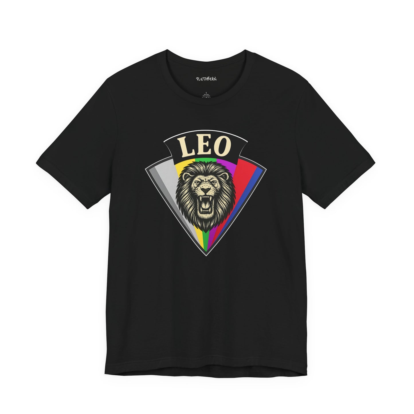 Black t-shirt with a colorful 'Leo' design featuring a lion on a white background