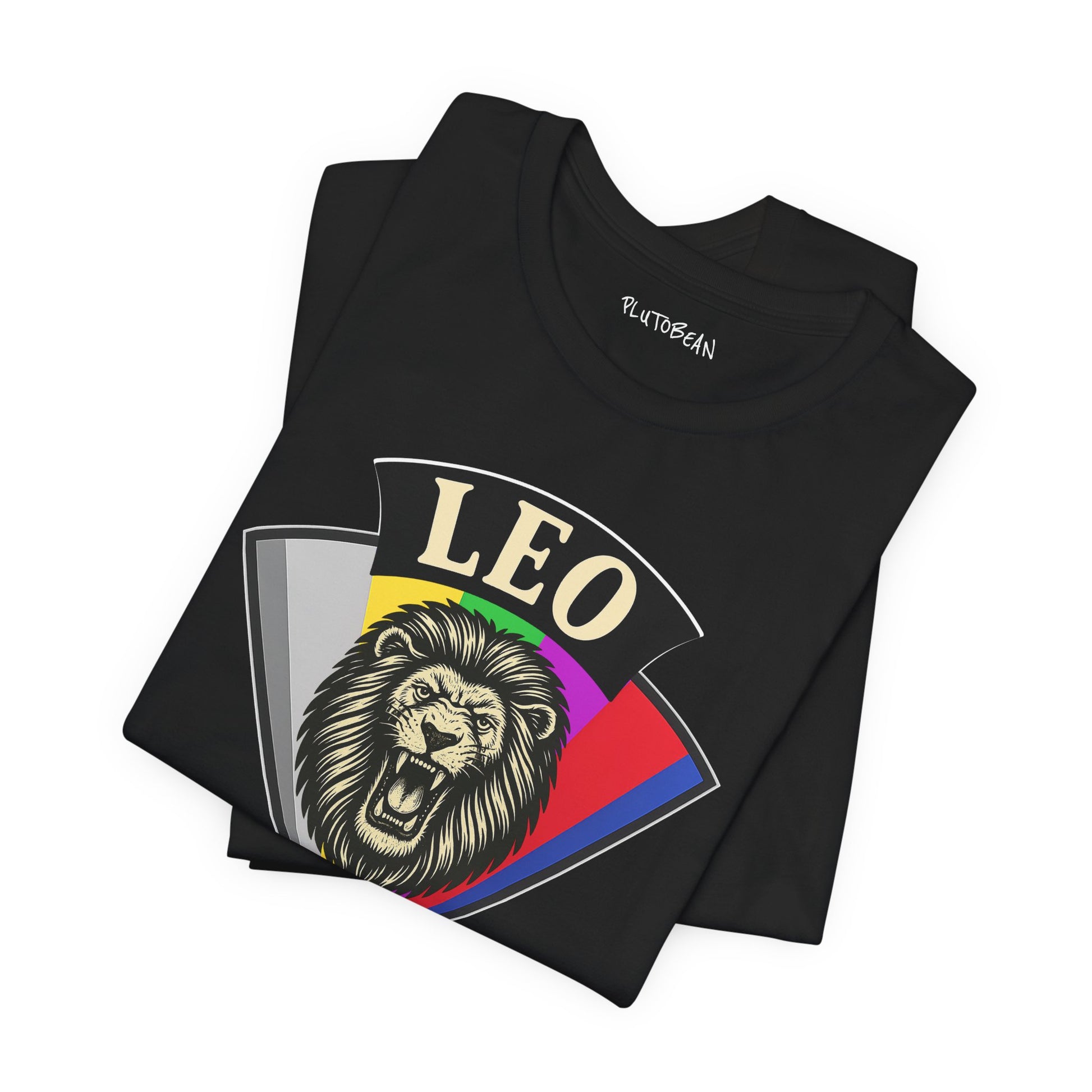 Black t-shirt with 'LEO' design featuring a lion and rainbow colors on a white background.
