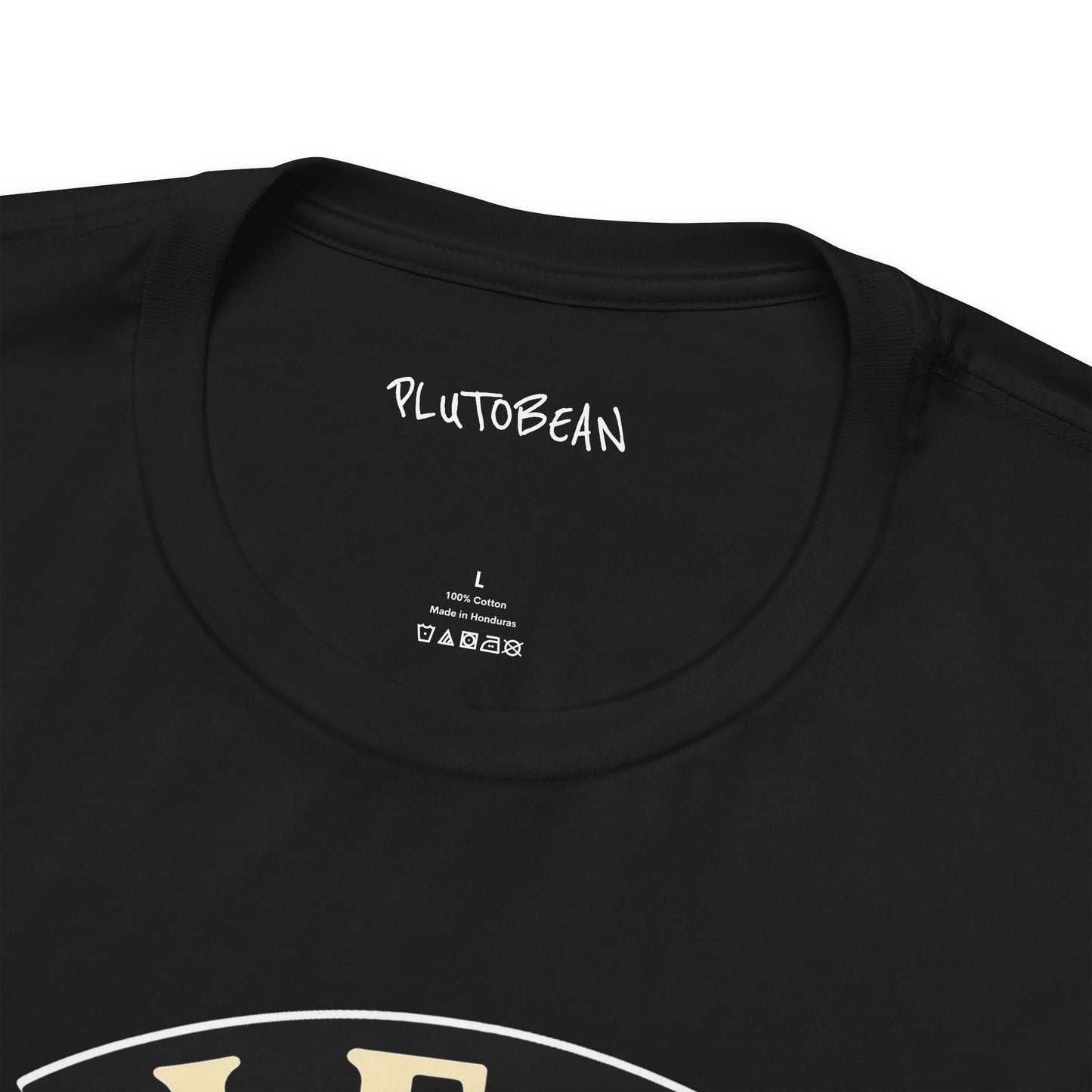 Black t-shirt with 'PLUTOBEAN' branding on the collar and size label.