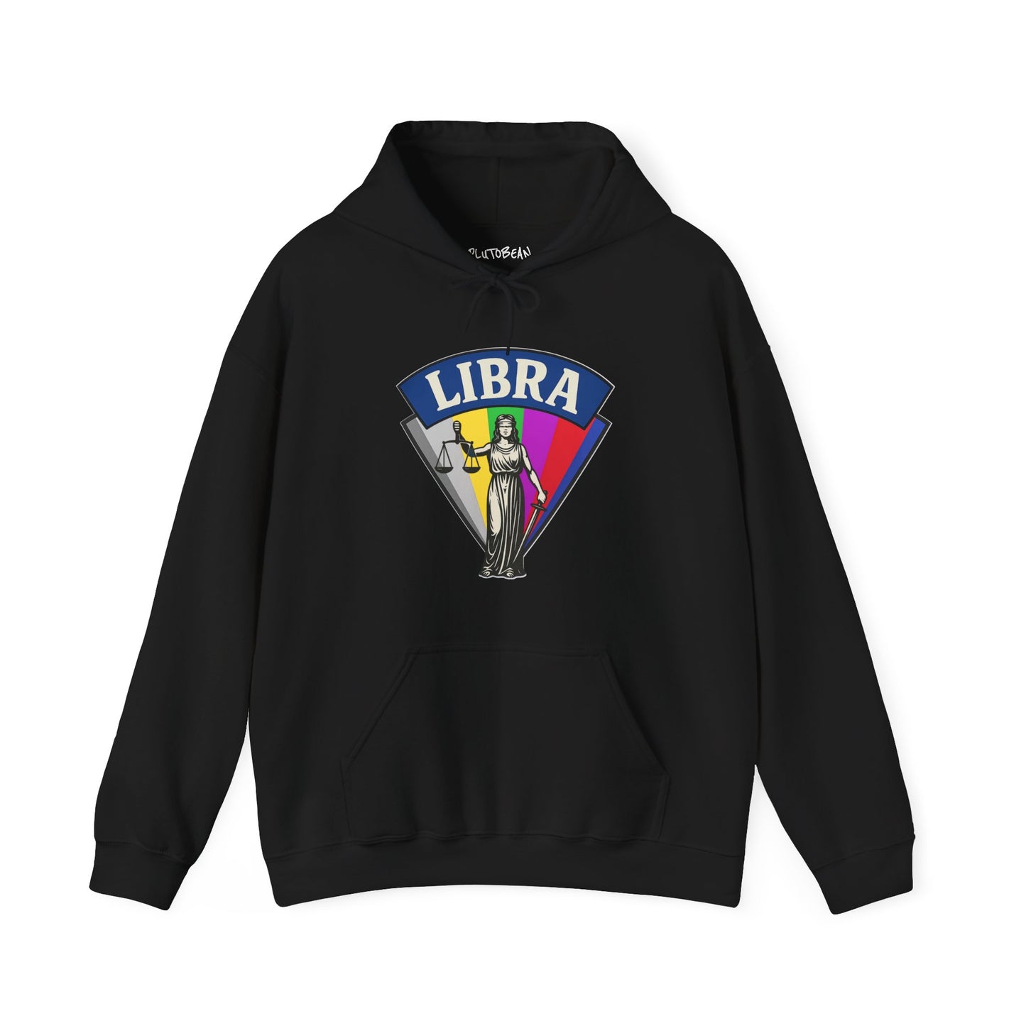 Black hoodie with Libra zodiac design on a white background