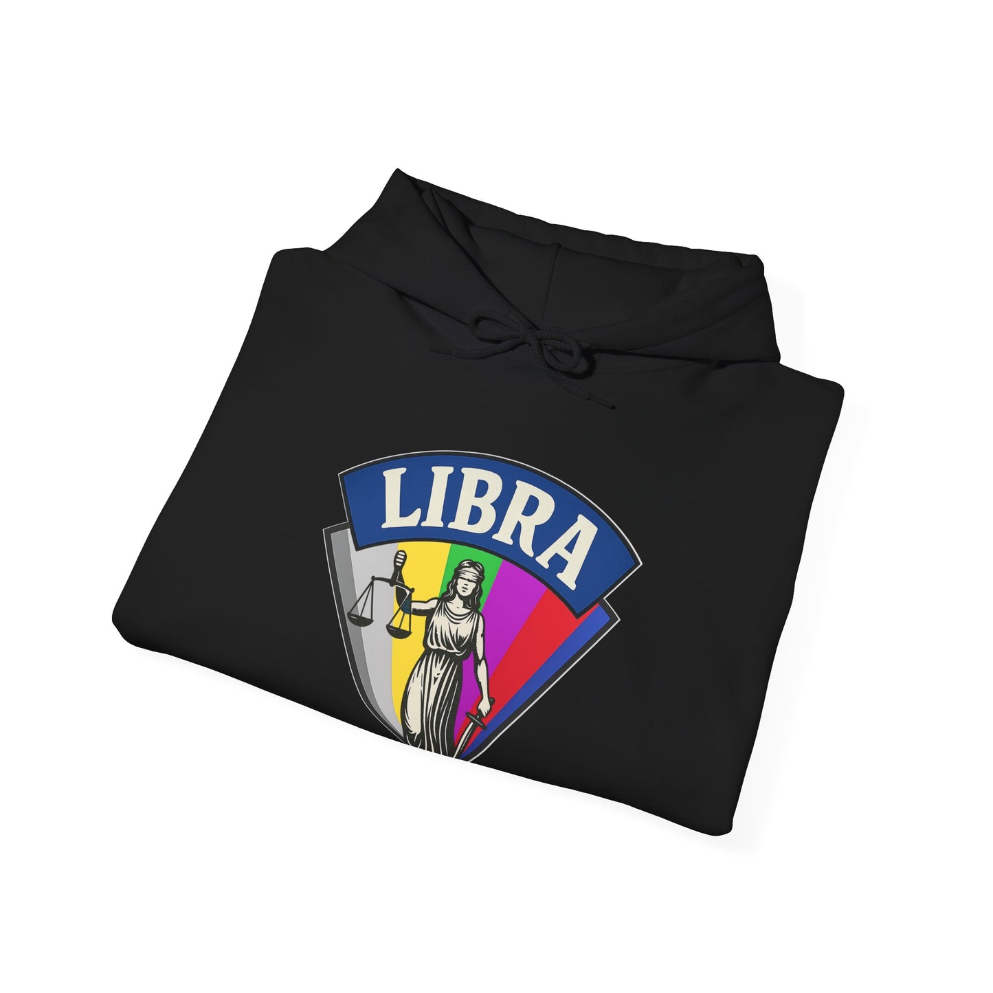 Black hoodie with Libra zodiac sign design on a white background