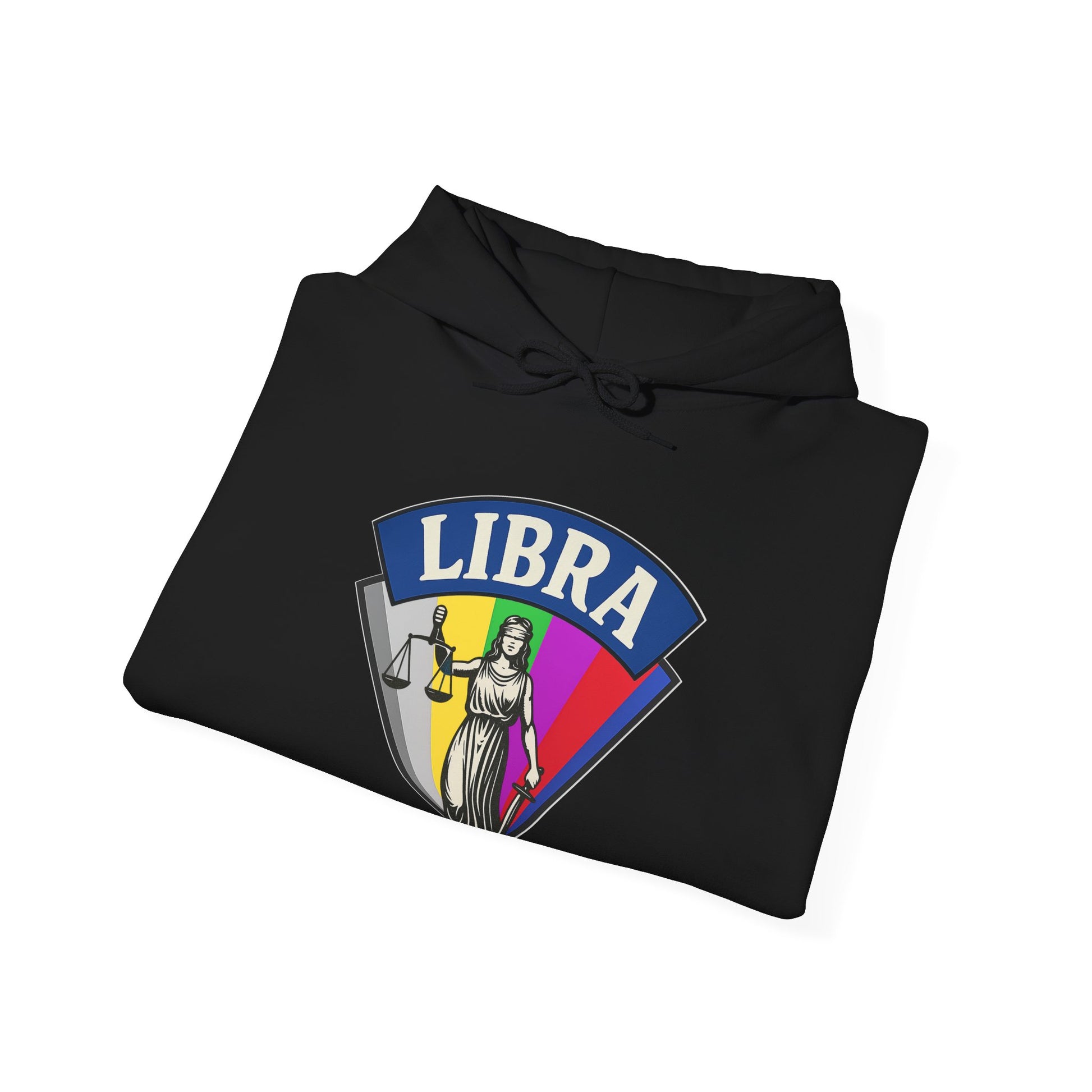 Black hoodie with Libra zodiac sign design on a white background
