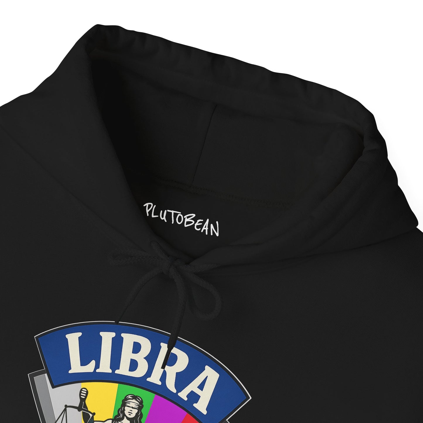 Black hoodie with 'Libra' design and 'PlutoBean' text on a white background