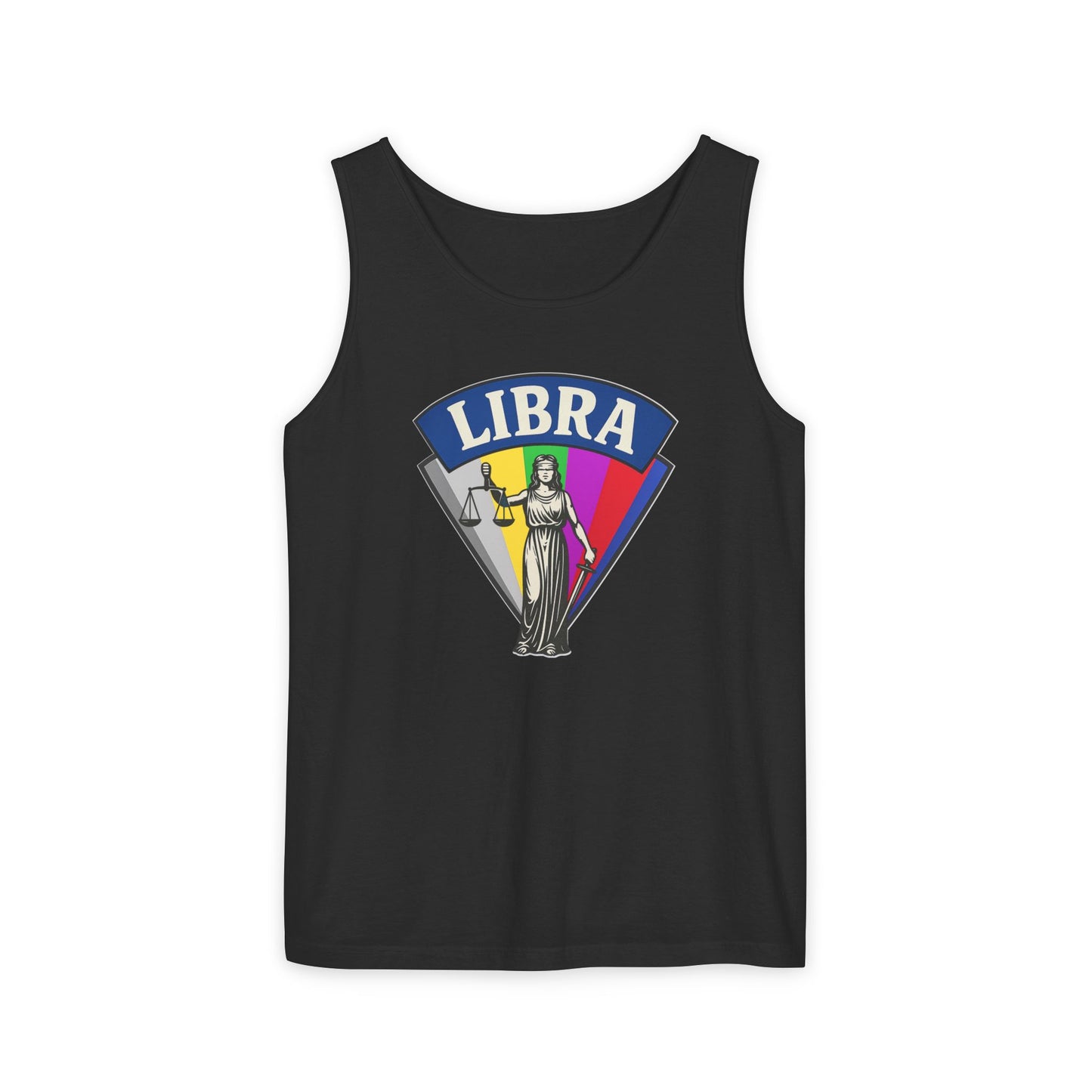 Black tank top with Libra zodiac design on a white background