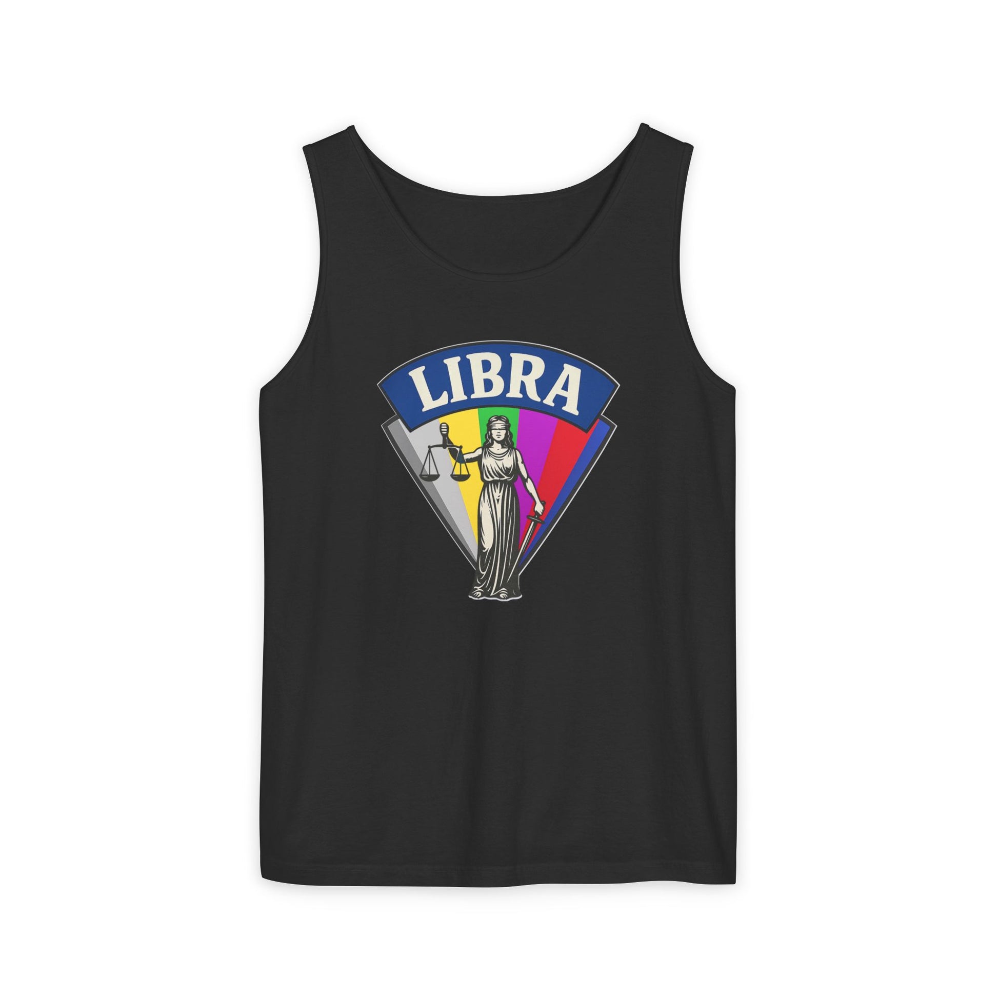Black tank top with Libra zodiac design on a white background