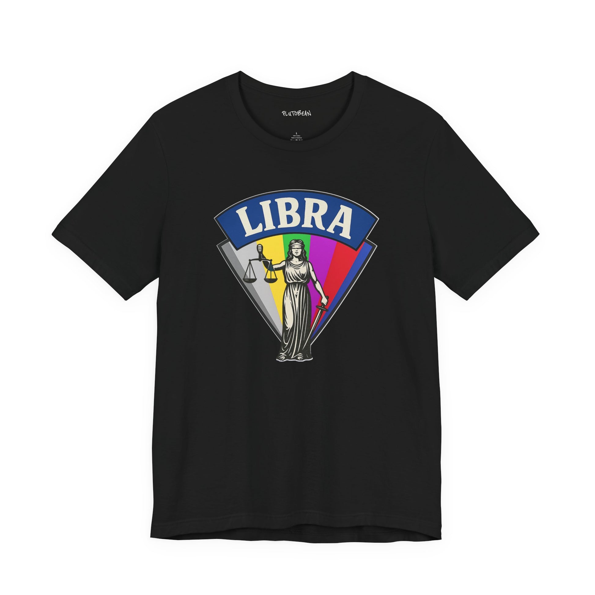 Black t-shirt with Libra zodiac design on a white background