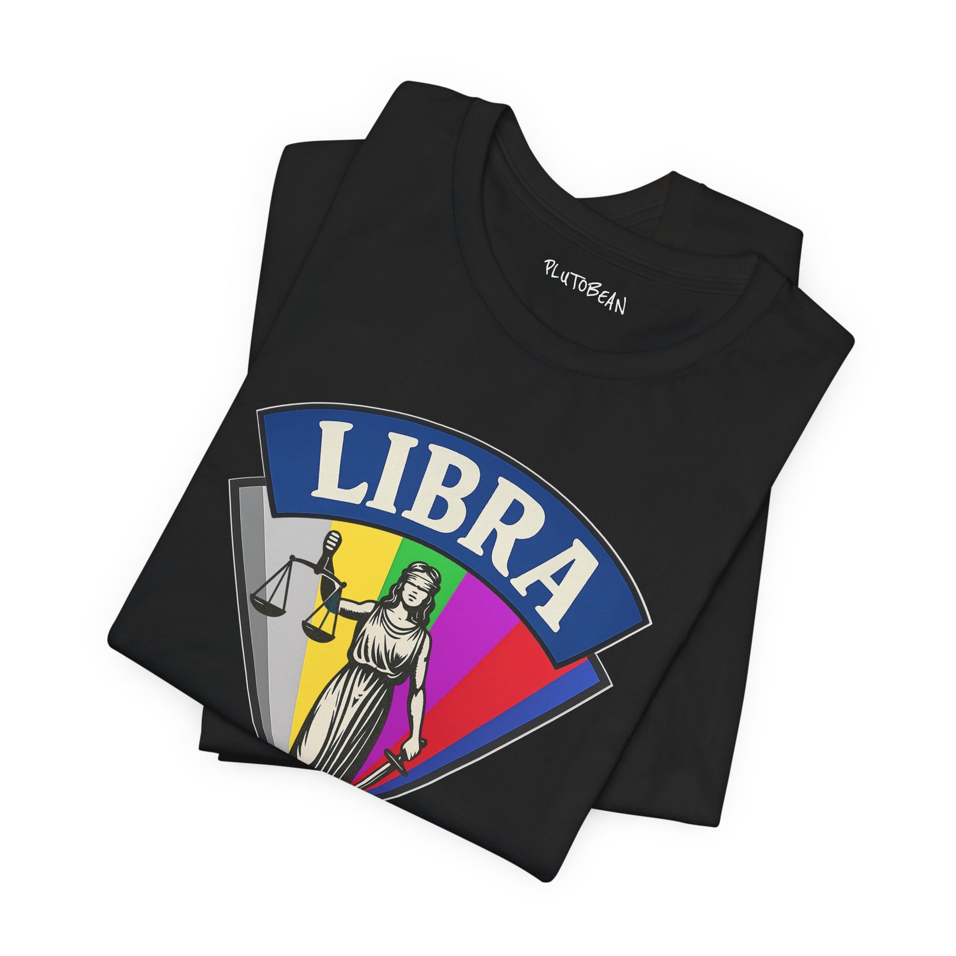 Black t-shirt with Libra zodiac sign design on a white background