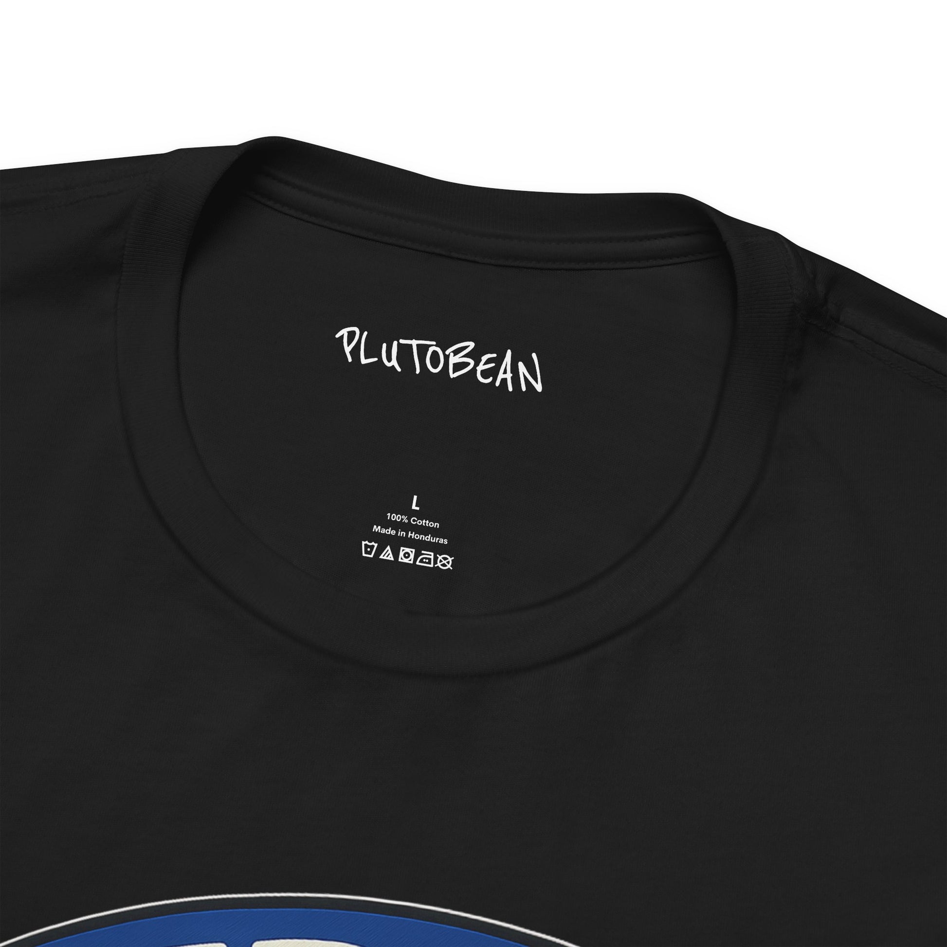 Black t-shirt with 'PLUTOBEAN' branding on the collar and label.